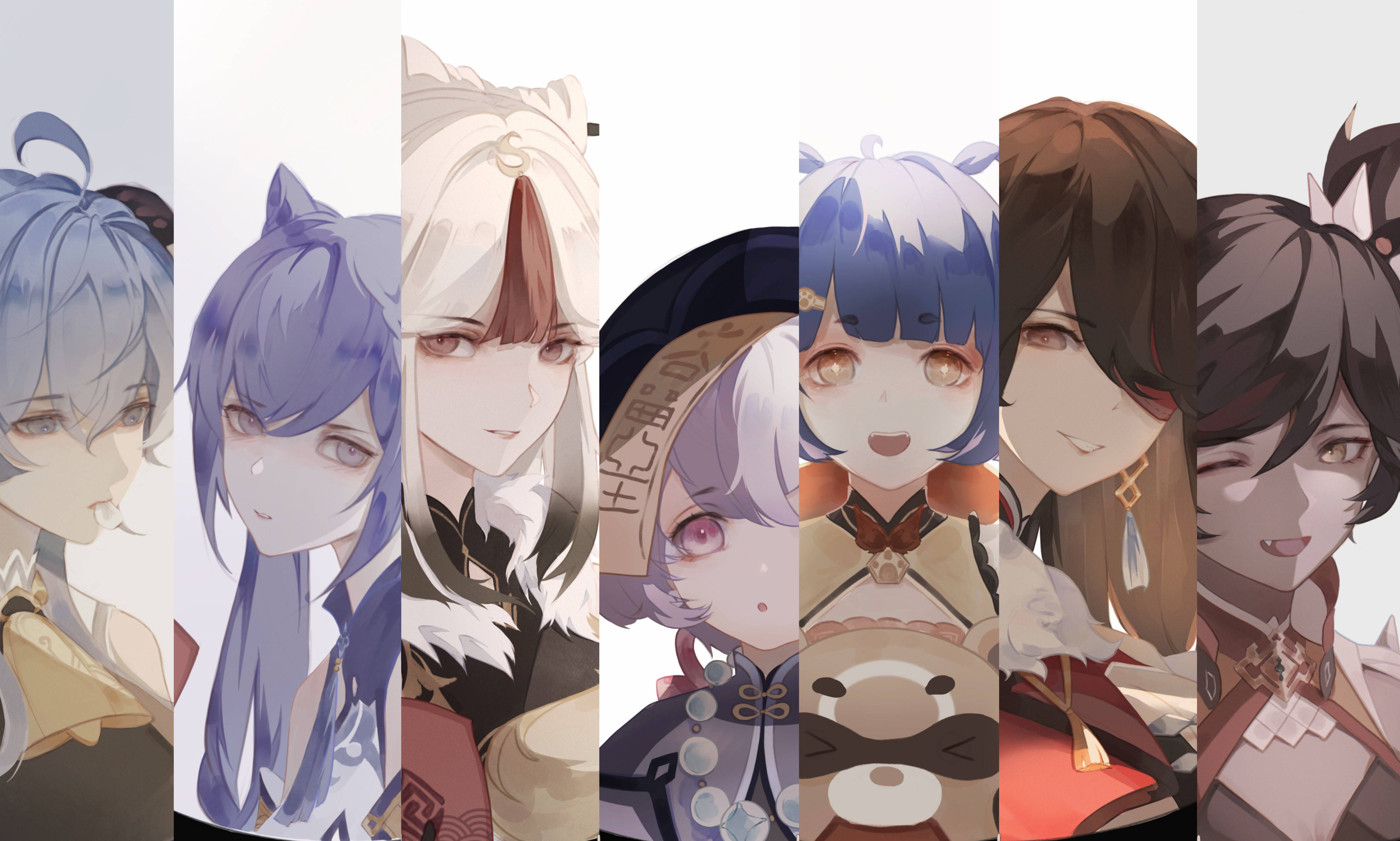 Xiangling 桌布 壁紙 — 七個動漫風格的角色，擁有不同的髮色和服裝，站在垂直面板上，背景是柔和的漸變色。