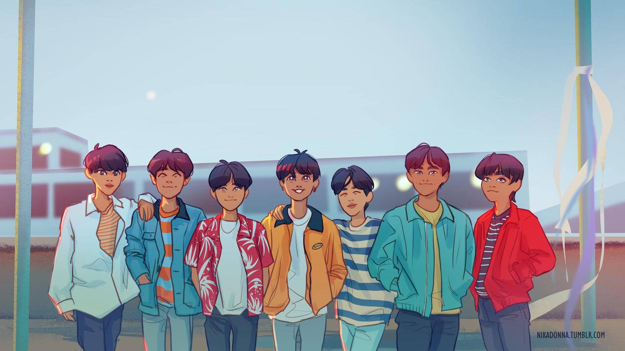 BTS 桌布 壁紙 — 七個動漫風格的青少年穿著彩色外套，在明亮的戶外環境中站在一起，天空柔和粉彩。