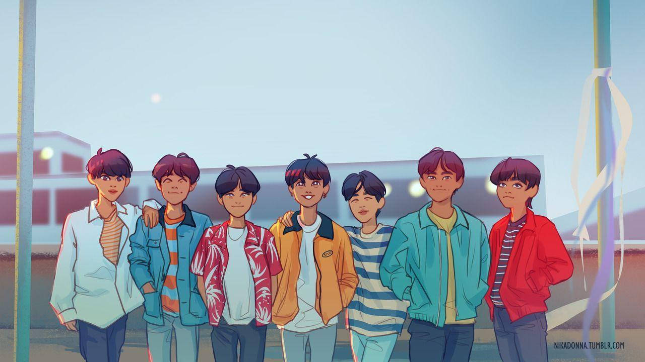 七個動漫青少年穿著休閒夾克在戶外一起擺姿勢。 — BTS 卡通 GIF 壁紙
