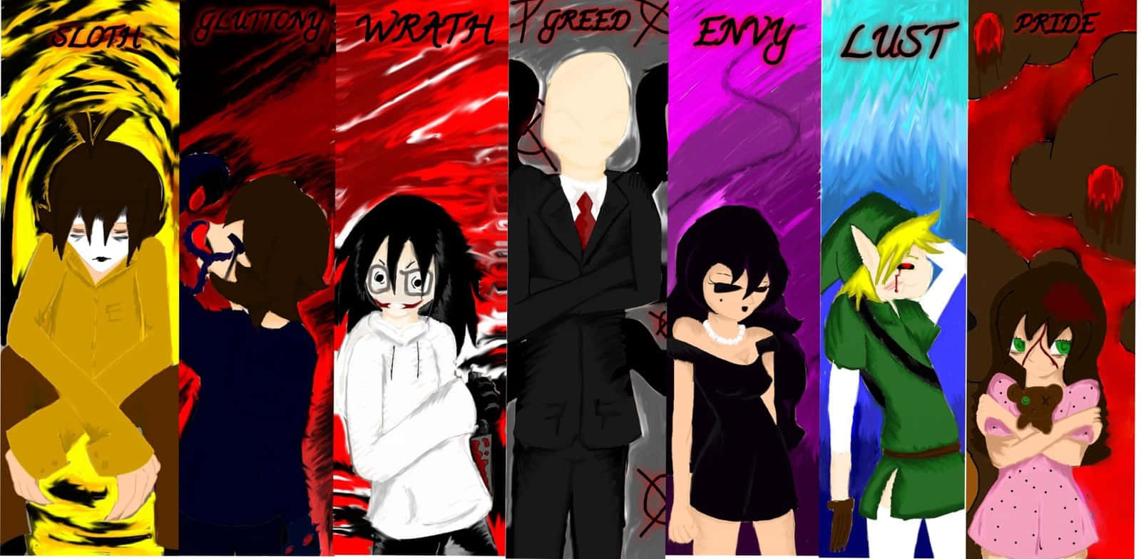Creepypasta 桌布 壁紙 — 七個動漫風格角色，每個角色以鮮豔色彩背景和戲劇性表情體現一種罪惡。