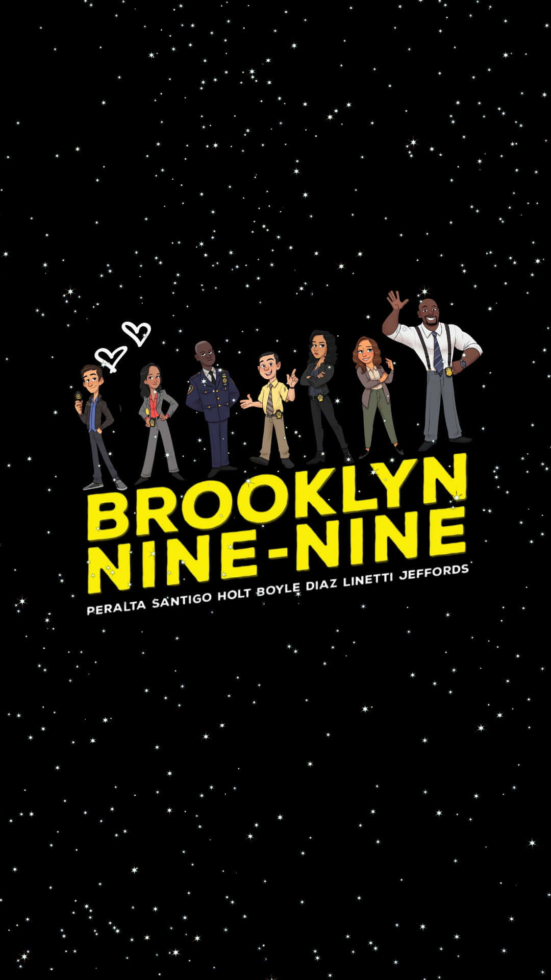 布魯克林九九 桌布 壁紙 — 七個動畫化的 Brooklyn Nine-Nine 角色站在星空夜空前，節目標題以粗體黃色顯示。