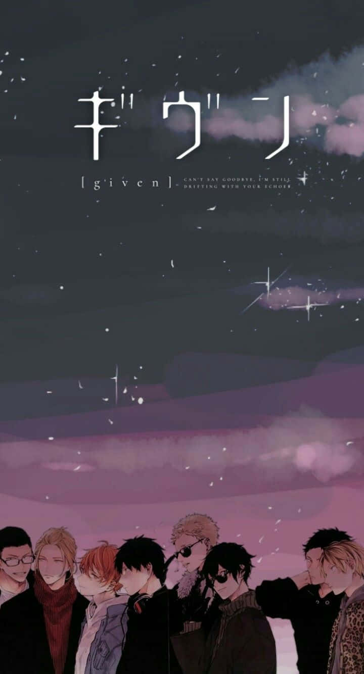 動漫男孩 桌布 壁紙 — 七個動畫男孩一起站在星空暮色天空下，有紫色雲朵和漂浮的閃光。