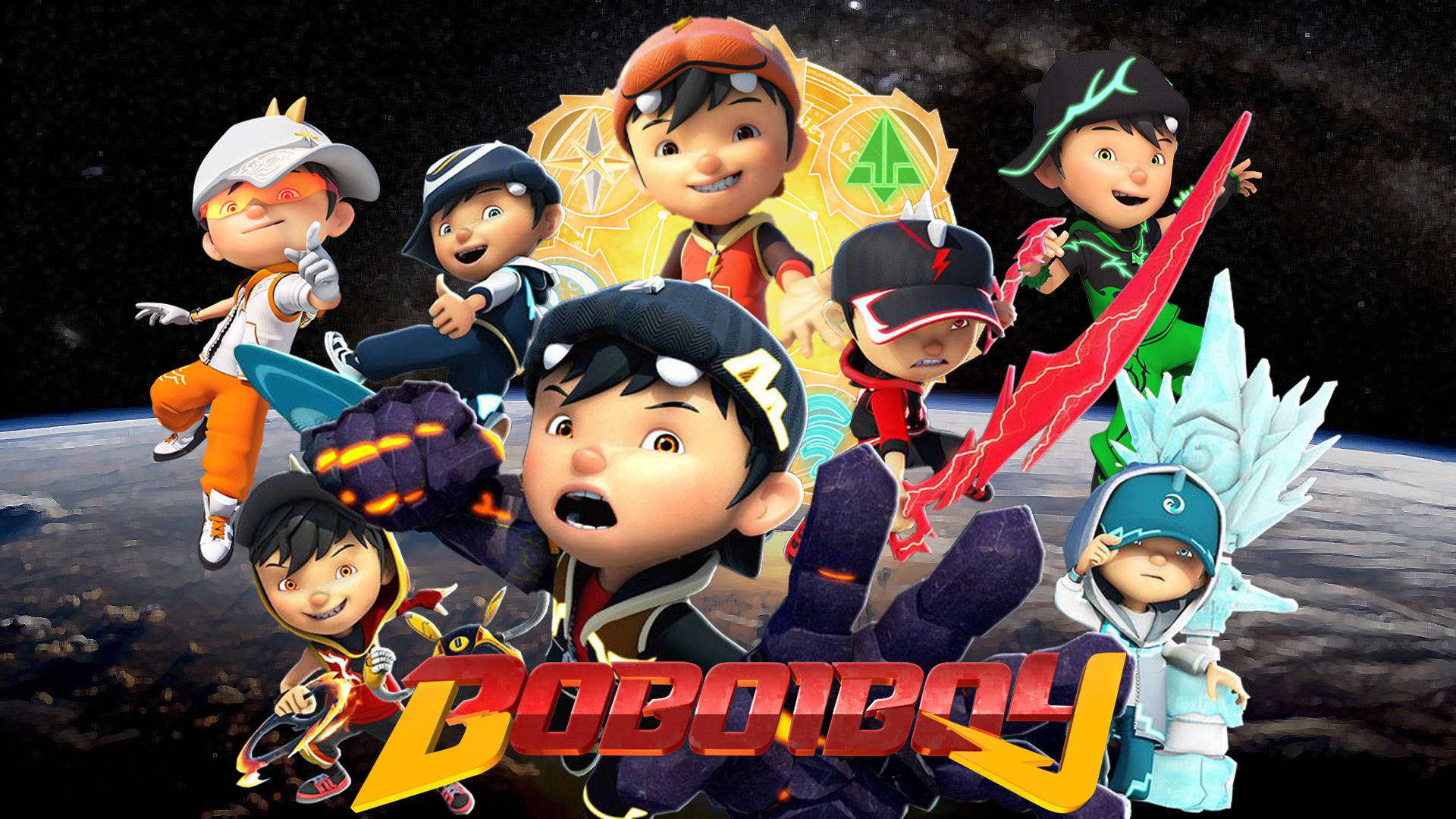 Cartoon Boy 桌布 壁紙 — 七個動畫超級英雄小孩穿著色彩繽紛的服裝，在太空背景下動感擺姿勢，地球在下方，標題「BOBOIBOY」以粗體紅色字母呈現。