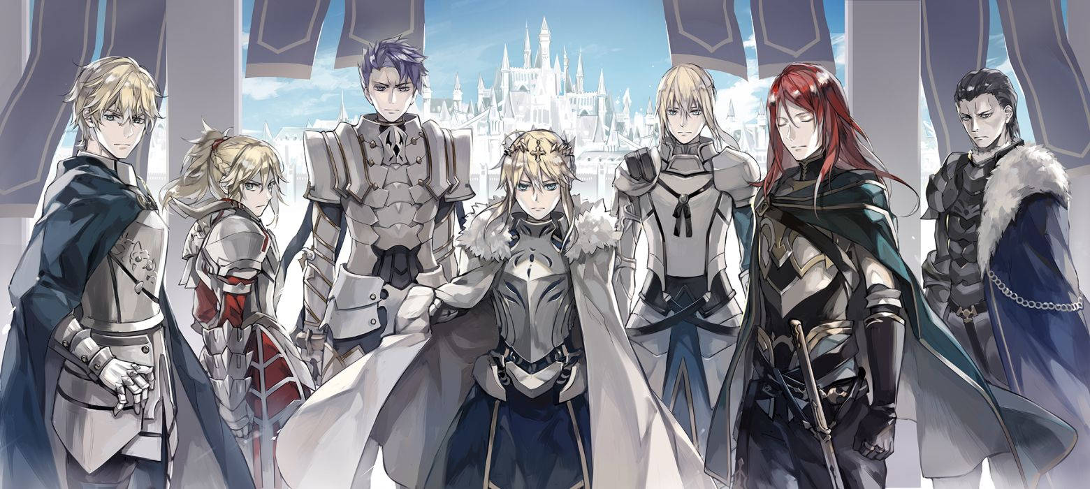 Fate/Grand Order 桌布 壁紙 — 七個動畫騎士身穿精細盔甲，在明亮的藍天下英勇地站在遠處的城堡前。