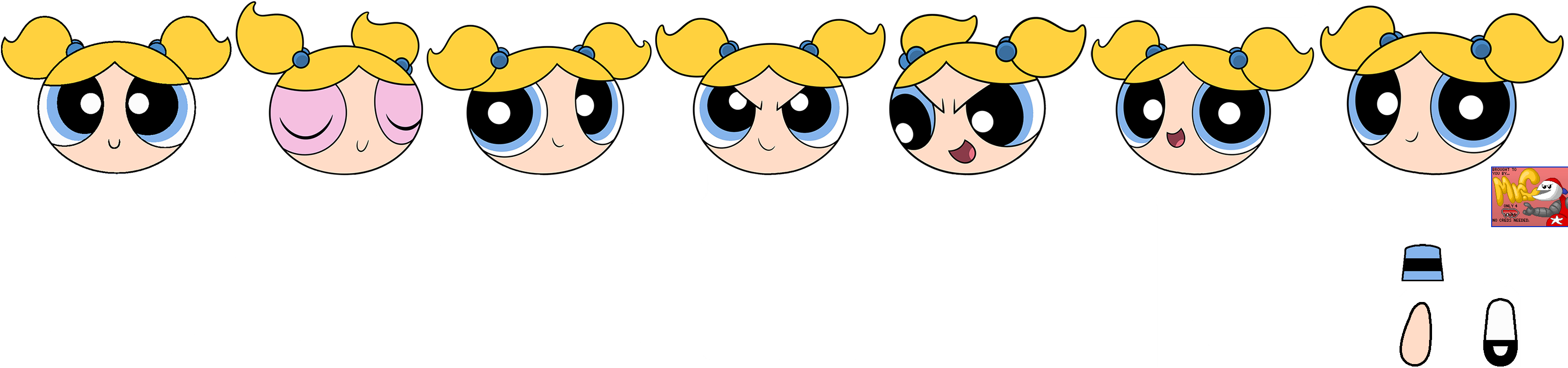 Powerpuff Girls 桌布 壁紙 — 七個卡通角色，黃色辮子，藍色眼睛，在黑色背景上展示各種面部表情。