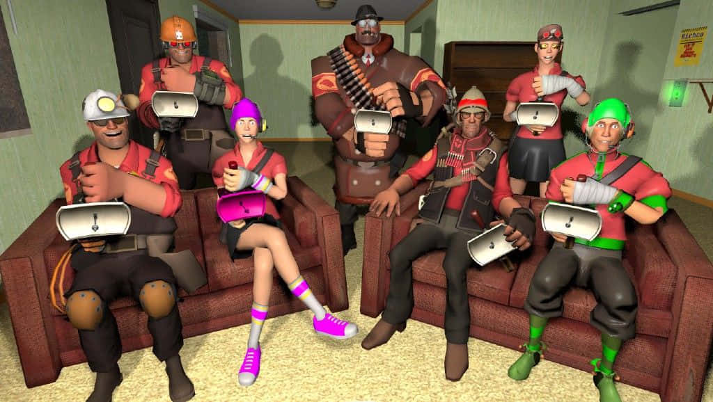 Gaming Mods 桌布 壁紙 — 七個卡通風格的遊戲角色穿著紅色制服，坐在沙發上，手持銀色裝置，在一個燈光昏暗、牆壁綠色的房間裡。