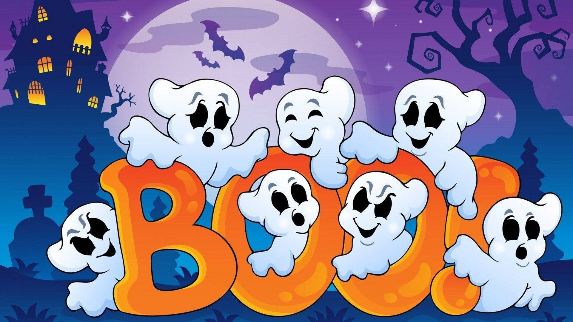 卡通萬聖節 桌布 壁紙 — 七個卡通鬼魂頑皮地依附在「BOO」字上，背景是陰森紫色夜空，有鬼屋和蝙蝠。