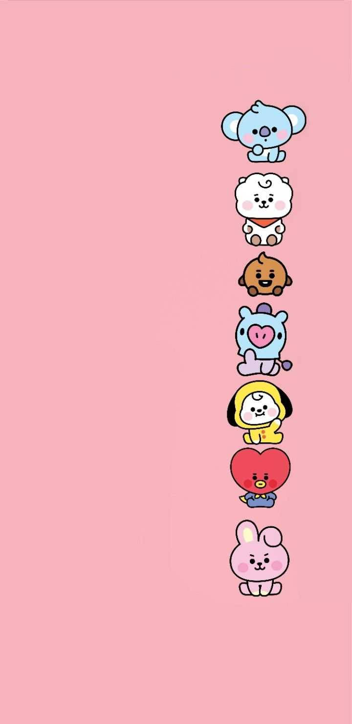 Cooky Bt21 桌布 壁紙 — 七個可愛的BT21角色垂直堆疊在純粉紅色背景上，形成一條俏皮的垂直線。