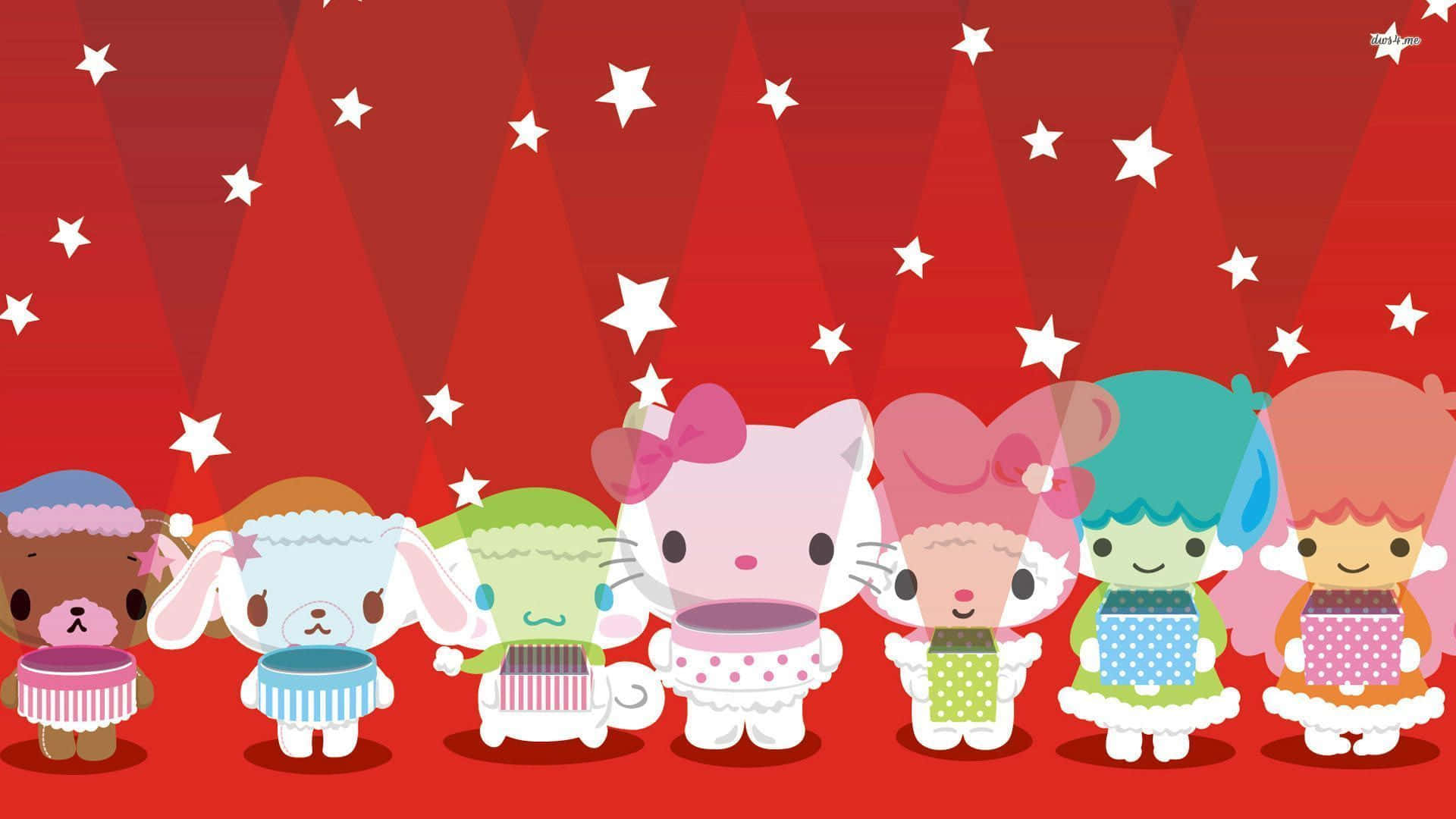 Hello Kitty And Friends 桌布 壁紙 — 七個可愛的Sanrio角色戴著冬季帽子和圍裙，排成一排，在紅色星空背景前拿著禮物盒。