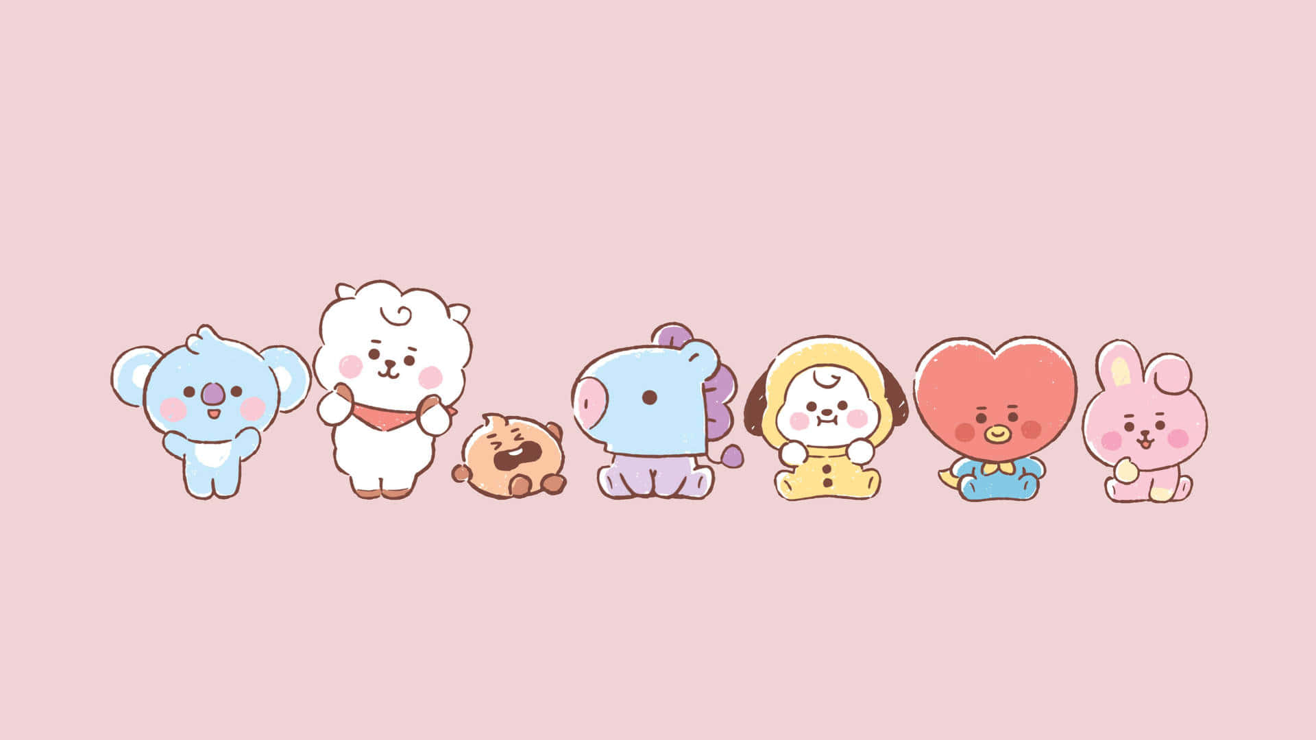 BT21 桌布 壁紙 — 七個可愛的卡通動物以柔和粉彩顏色排列，站在柔和的粉紅色背景前。