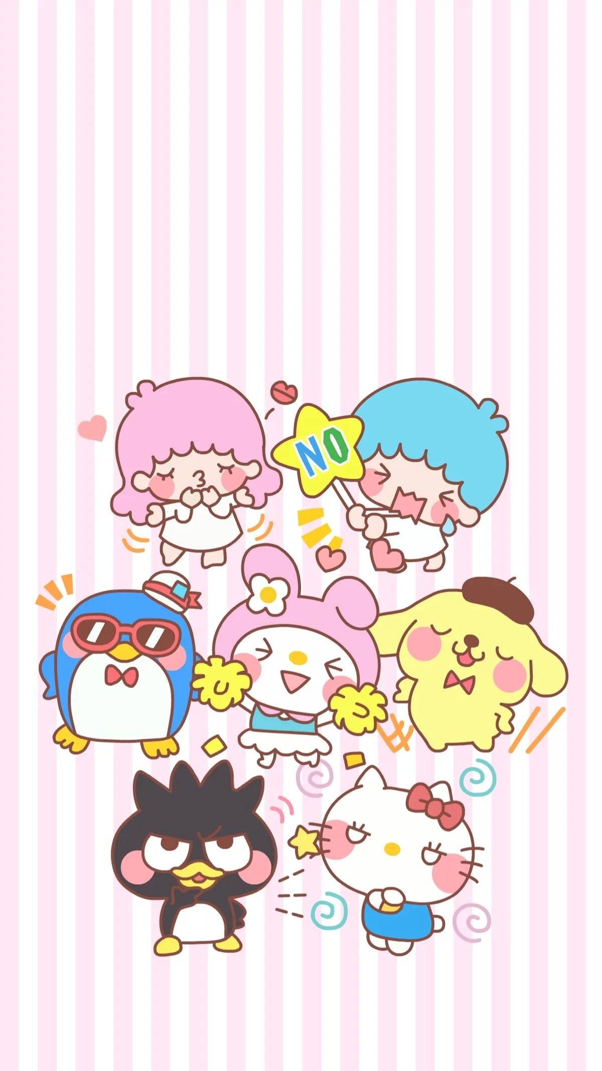 Cute Sanrio 桌布 壁紙 — 七個可愛的卡通角色，帶有粉紅、藍色和黃色色調，在粉紅和白色條紋背景前開心地擺姿勢。