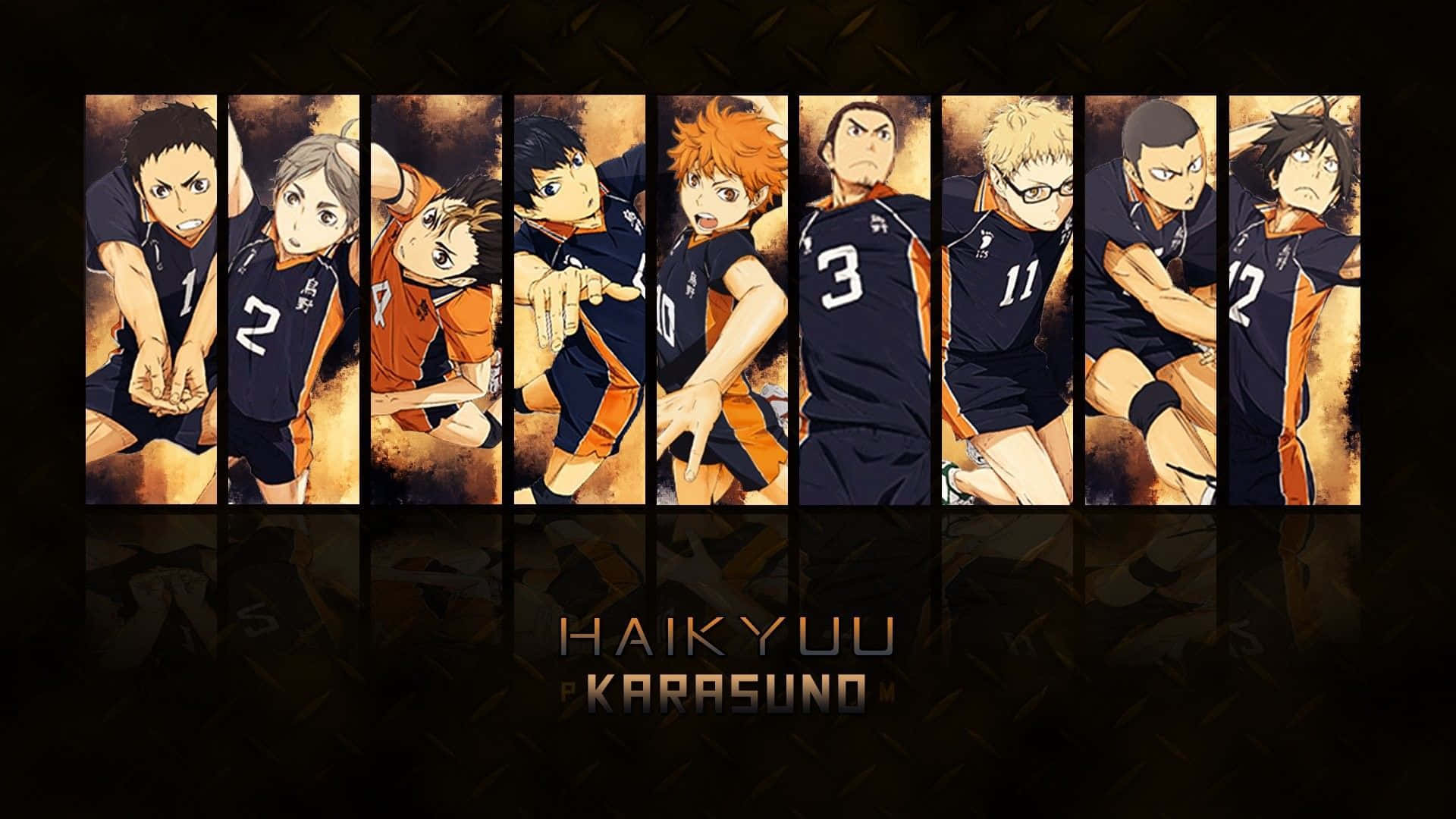桌布 壁紙 — 七個堅定的 Haikyuu Karasuno 排球運動員在火熱紋理背景前擺出動態姿勢。