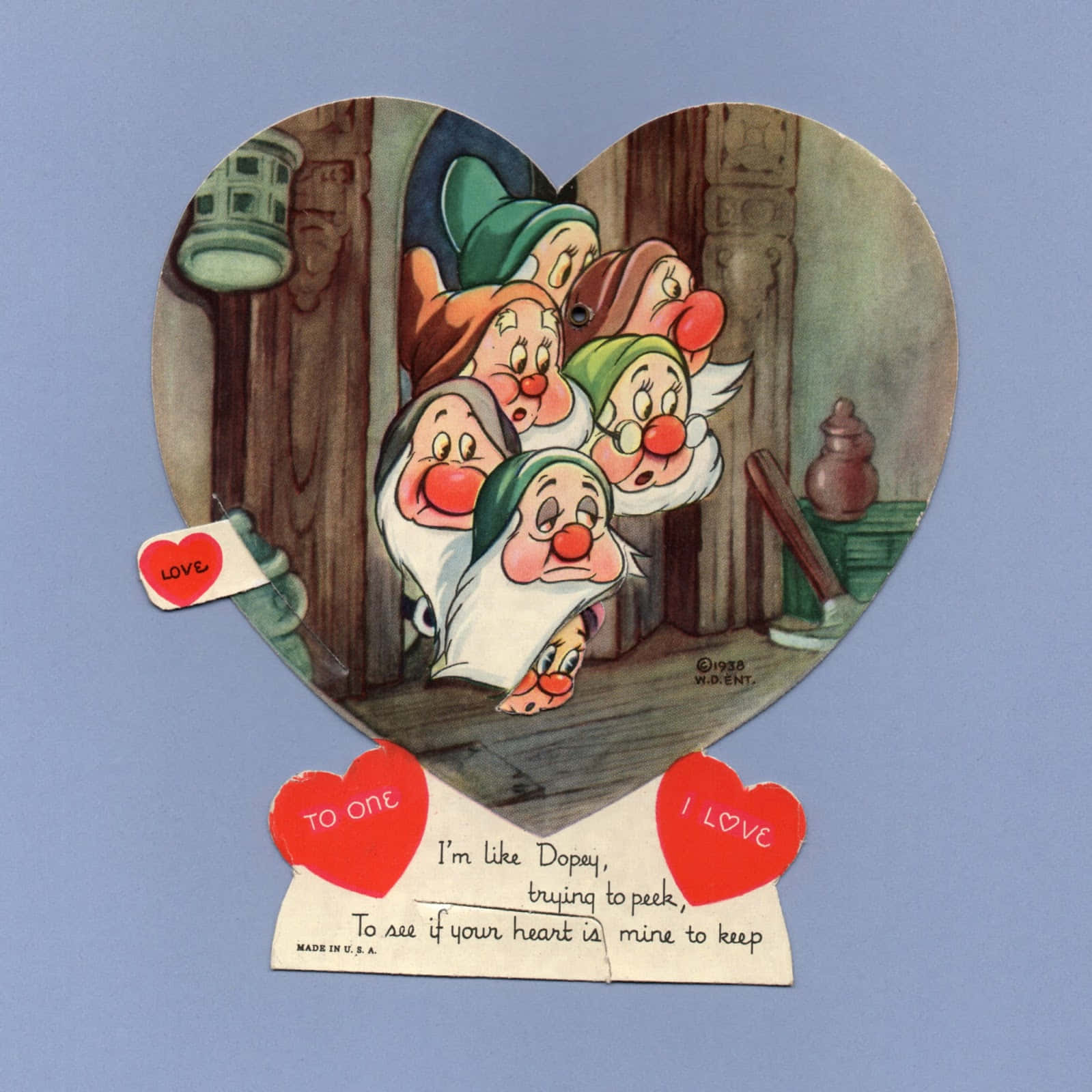 Happy Valentines 桌布 壁紙 — 七個小矮人透過心形窗戶窺視，在一張復古情人節卡片上，有紅色心形和手寫訊息。