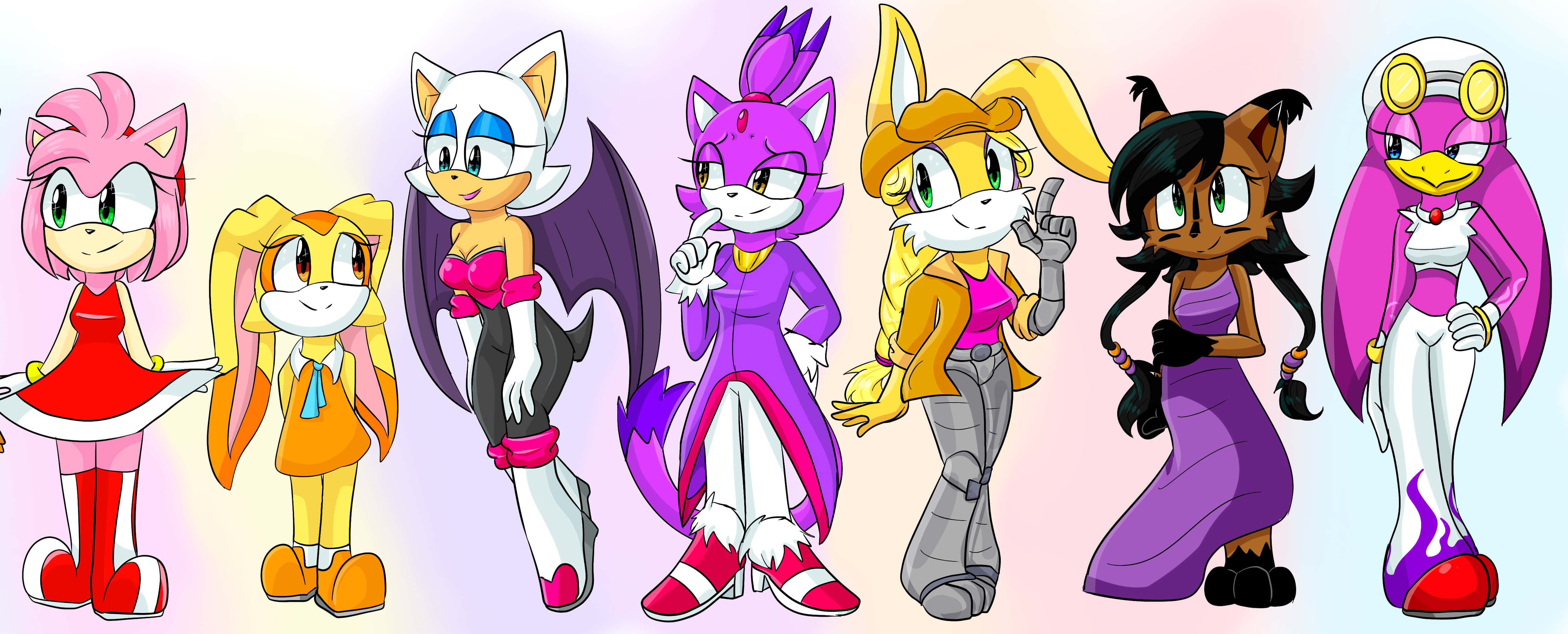 Sonic Characters 桌布 壁紙 — 七個帶有動物特徵的擬人化角色，在柔和漸變背景前站成一排。