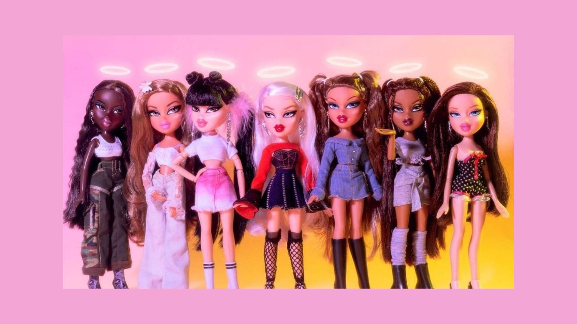 bratz 美學 桌布 壁紙 — 七個帶有發光光環的 Bratz 公仔排成一排，背景是粉紅色和黃色的漸變色。