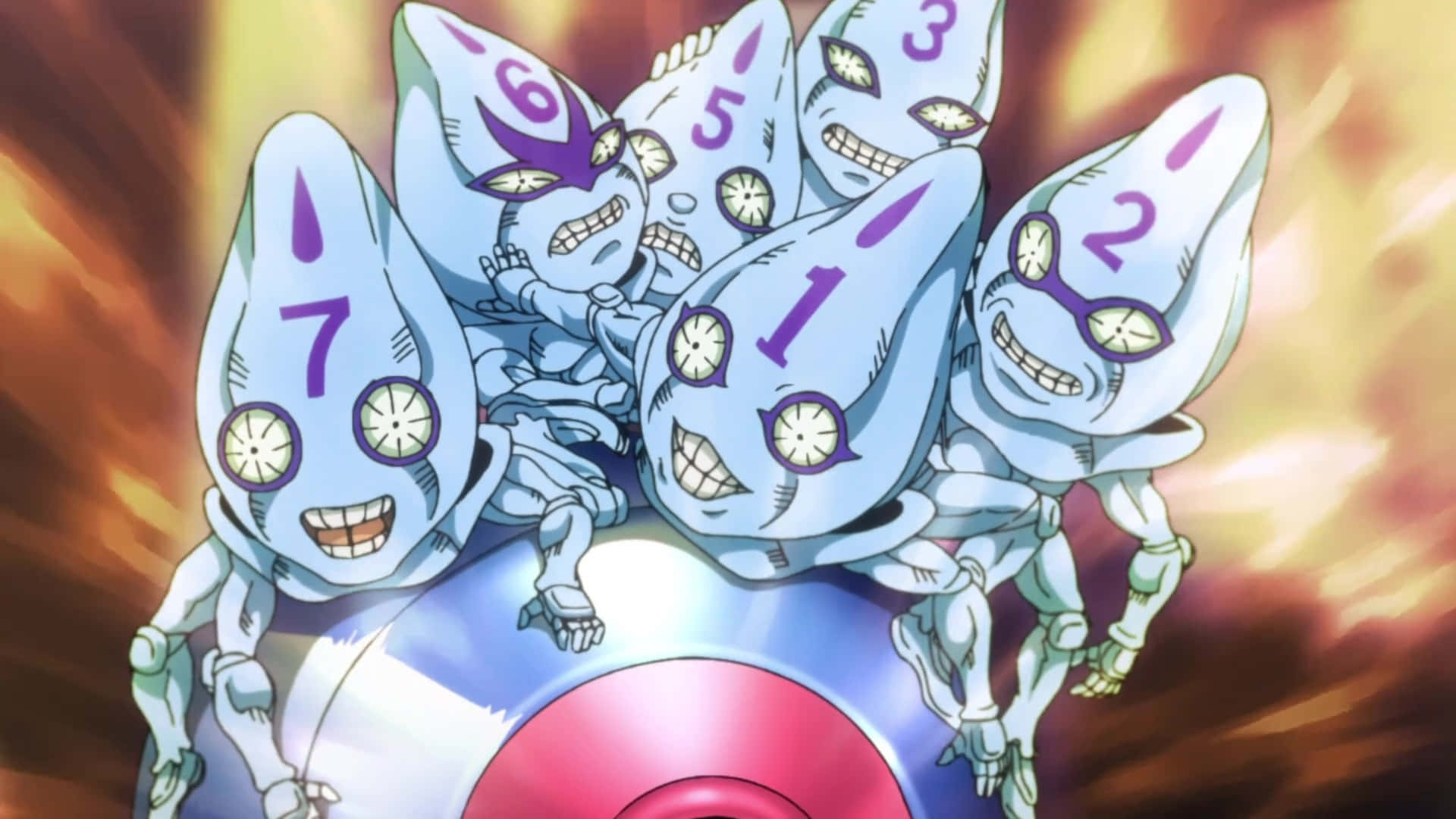 Vento Aureo 桌布 壁紙 — 七個帶有編號的藍色鬼怪狀生物，咧嘴大笑，帶有紫色標記，緊抓著一個發光的球體，背景是火熱的橙色。