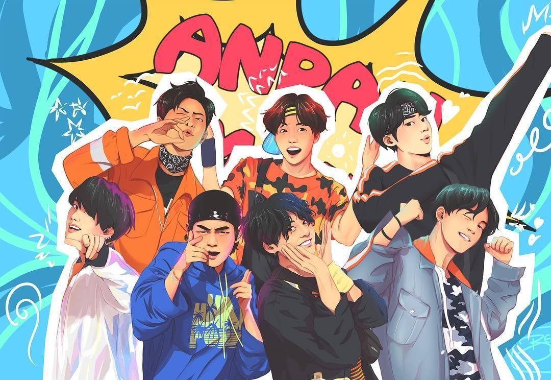 BTS 桌布 壁紙 — 七個年輕男子在大膽漫畫背景前充滿活力地擺姿勢的鮮豔動漫風格插圖，背景有「ANPA」字樣。