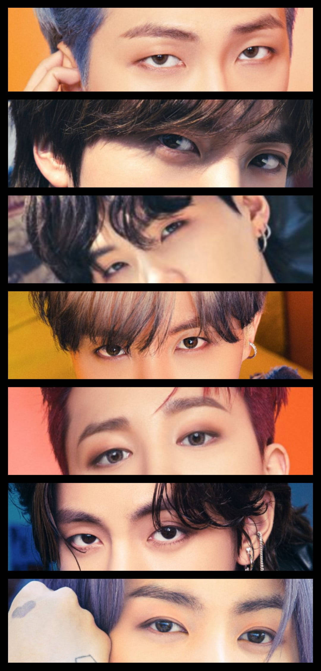 BTS 桌布 壁紙 — 七個年輕男子特寫肖像的垂直拼貼，他們擁有富表現力的眼睛和色彩繽紛的頭髮，背景充滿活力。