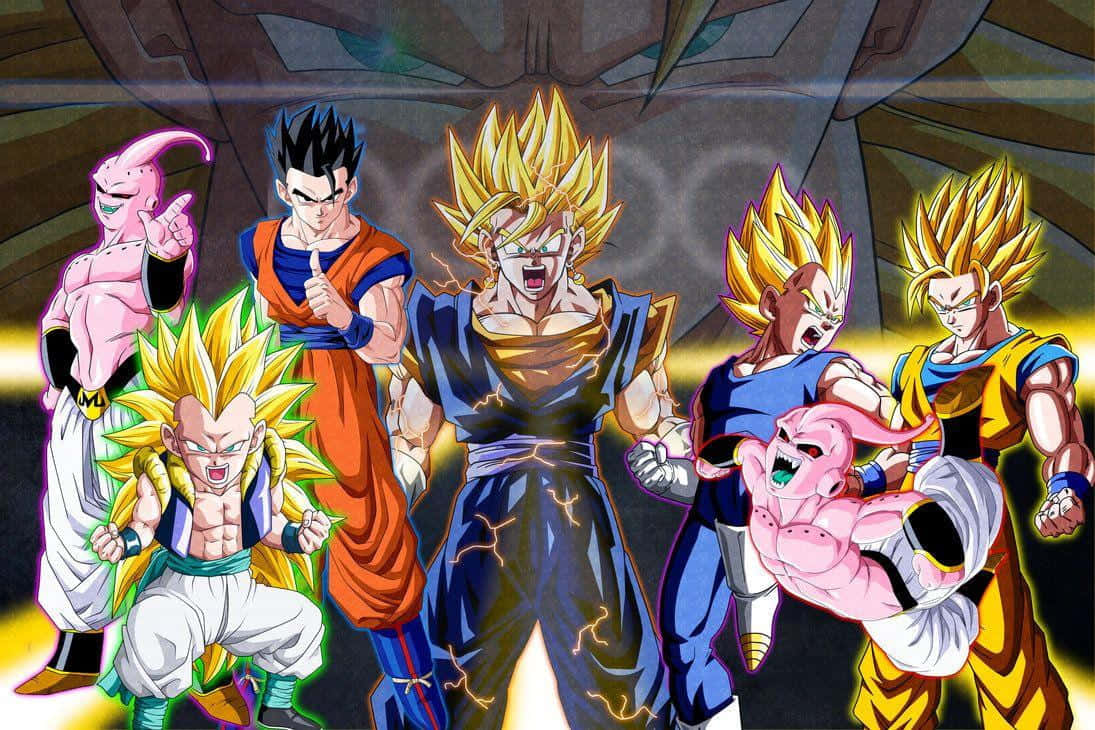 Dragon Ball Z Kai 桌布 壁紙 — 七個強大的動漫戰士以超級賽亞人形態，在黑暗科幻背景下動態站立，帶有發光能量效果。
