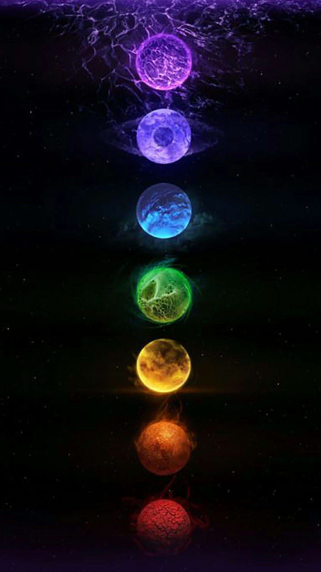 Spiritual Meditation 桌布 壁紙 — 七個彩虹色調的發光脈輪球體垂直漂浮在繁星點點的宇宙虛空中，上方有電能劈啪作響。