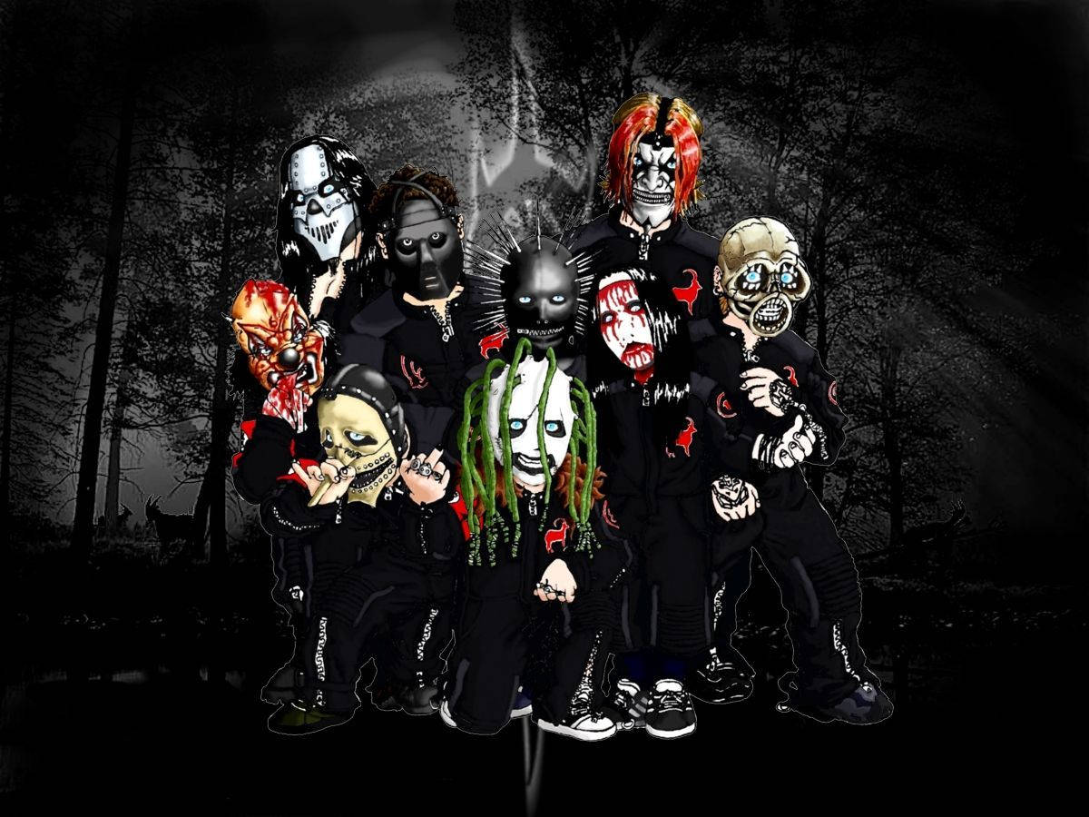 Slipknot 桌布 壁紙 — 七個戴面具、身穿黑色服裝的人物在夜晚的黑暗森林中威脅性地站立，帶有詭異發光的眼睛和紅色點綴。