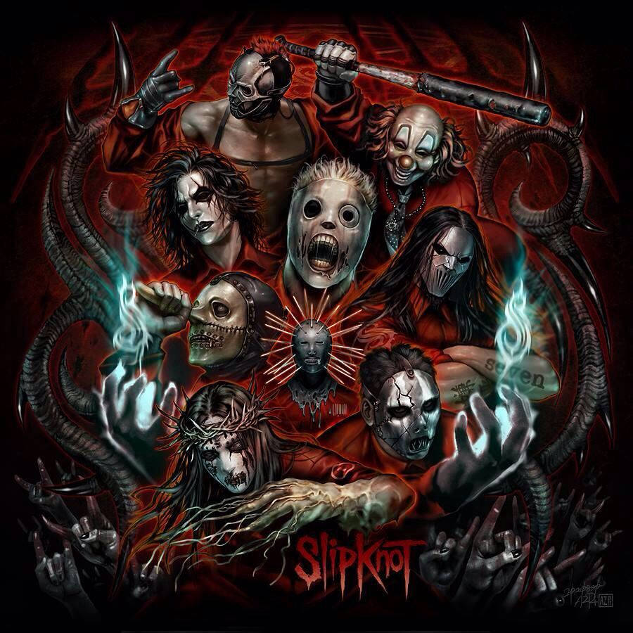 Slipknot 桌布 壁紙 — 七個戴面具的重金屬樂隊成員，帶有惡魔角和發光的手，在深紅色背景前擺出威脅姿勢。