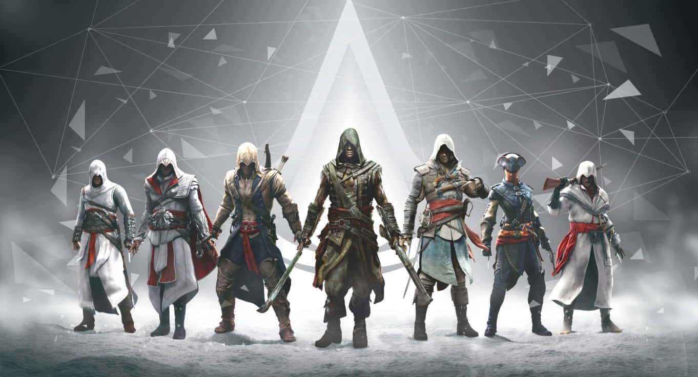 1366x768 Dragon Age Inquisition 桌布 壁紙 — 七個戴頭巾的刺客，身穿白色、紅色和藍色長袍，在發光的三角形光線下排成一排，背後有幾何圖案。