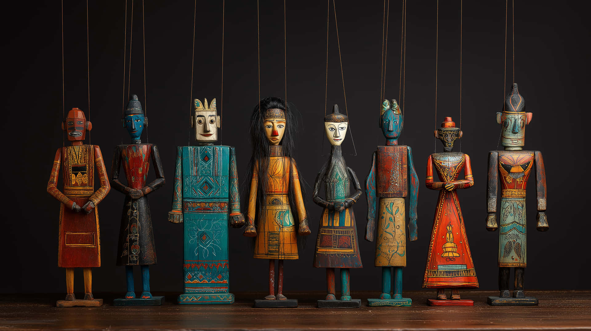 Carved Folk Puppets 壁紙 — 七個手工木偶，帶有精細彩繪圖案，懸掛在深色背景前。