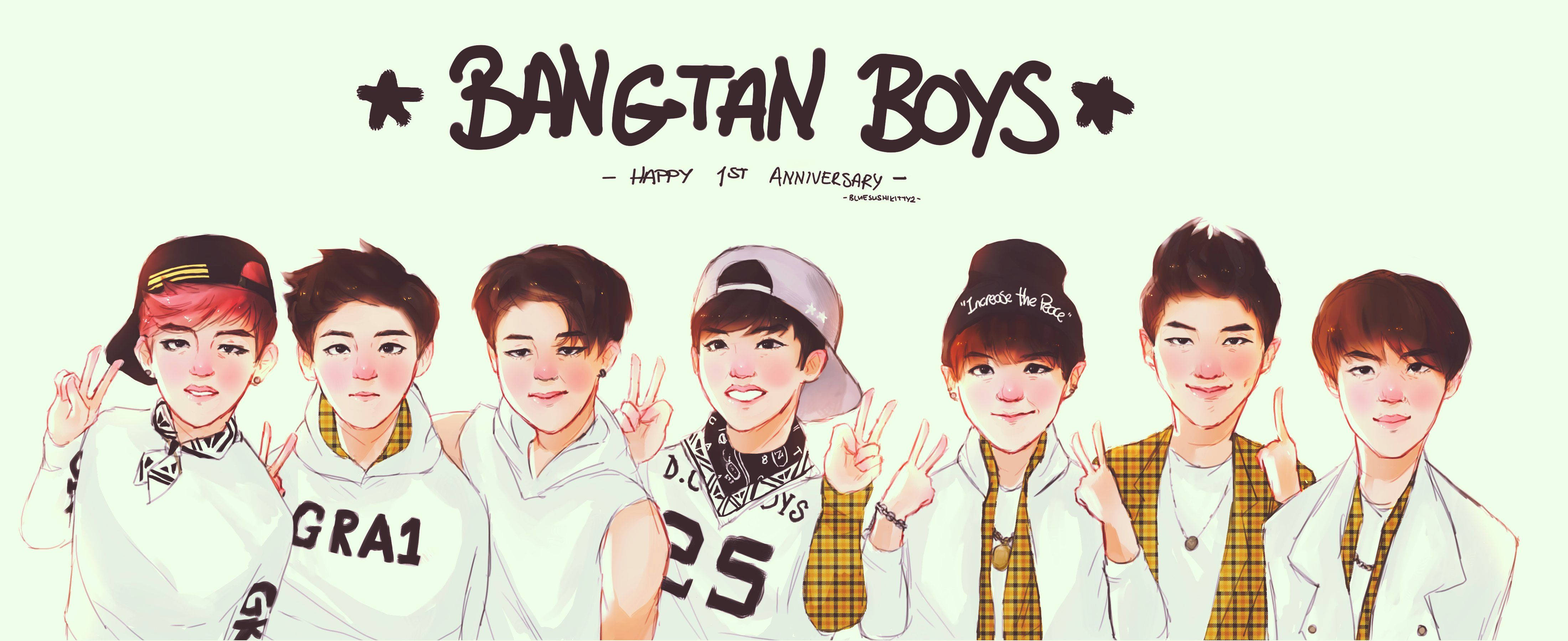 BTS 桌布 壁紙 — 七個插圖中的K-pop偶像穿著白色和黃色服裝，在淺綠色背景上愉快地擺姿勢，並帶有慶祝文字。