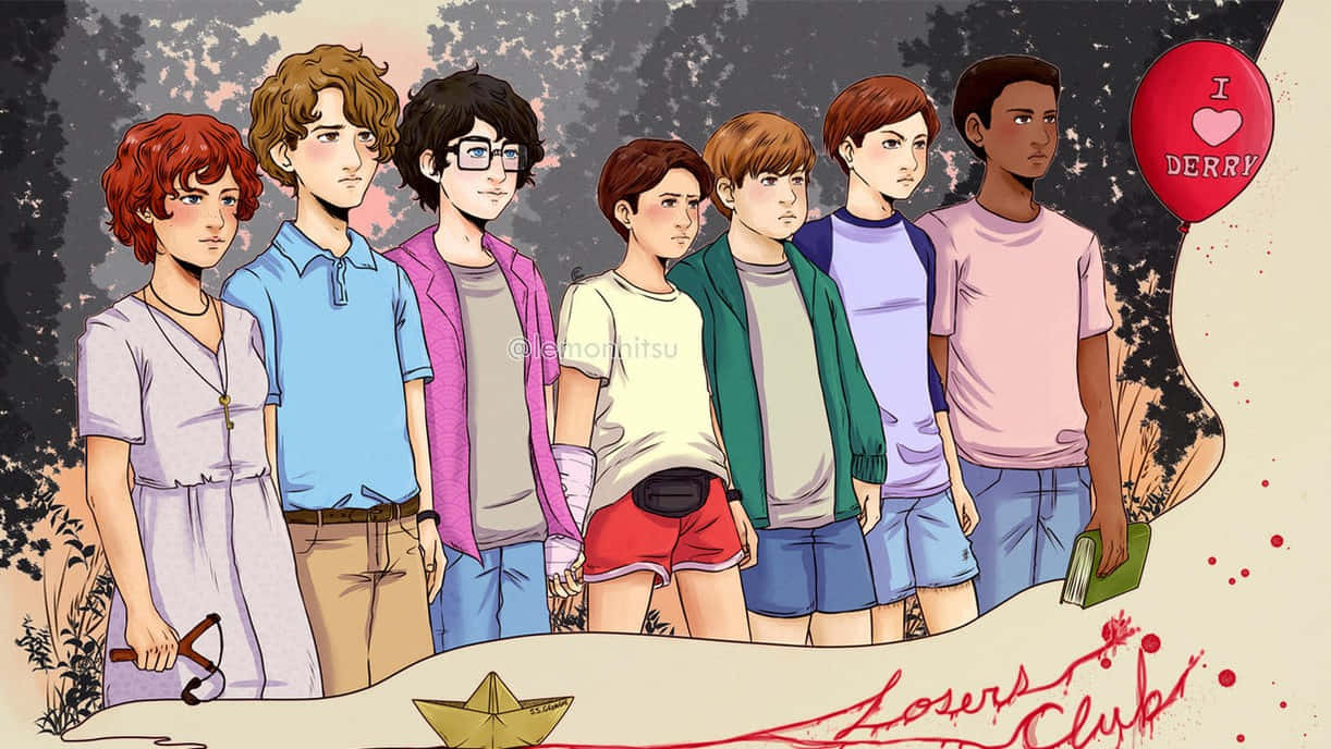 Losers Club 桌布 壁紙 — 七個插圖中的青少年莊嚴地站在森林裡，腳邊有一個寫著 I heart DERRY 的紅色氣球和一隻金色摺紙船。