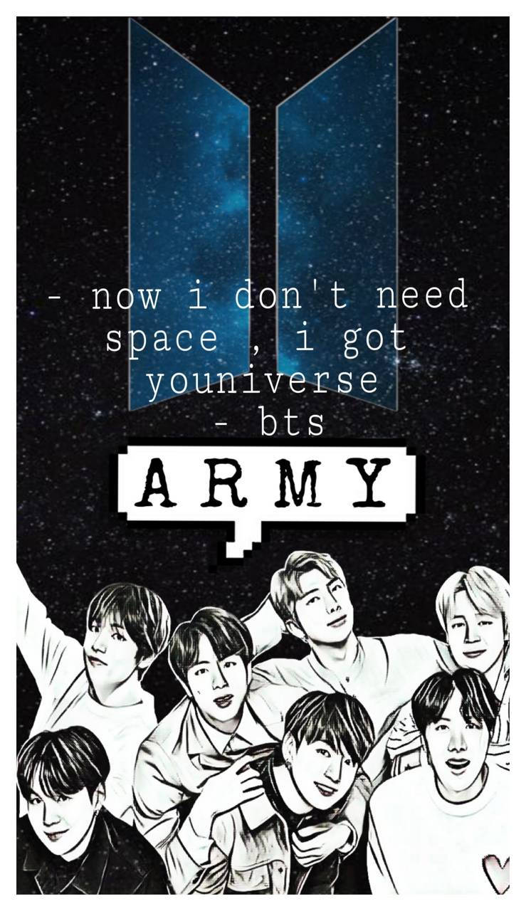 BTS成員以黑白插圖呈現，帶有星空背景和粉絲語錄。 — BTS 防彈少年團 粉絲 女孩 GIF 壁紙