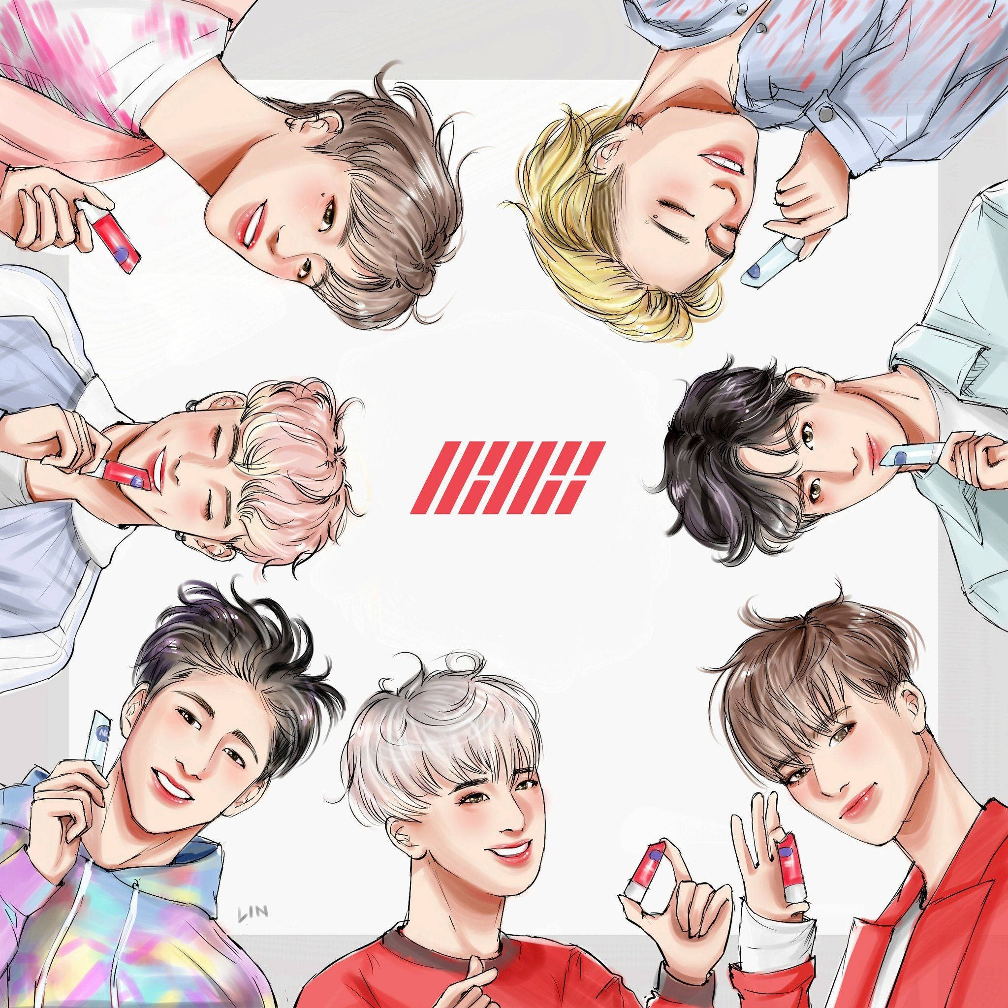 Ikon 桌布 壁紙 — 七個插圖化的K-pop偶像微笑著，手持唇彩圍成一個圓圈，環繞一個紅色標誌。