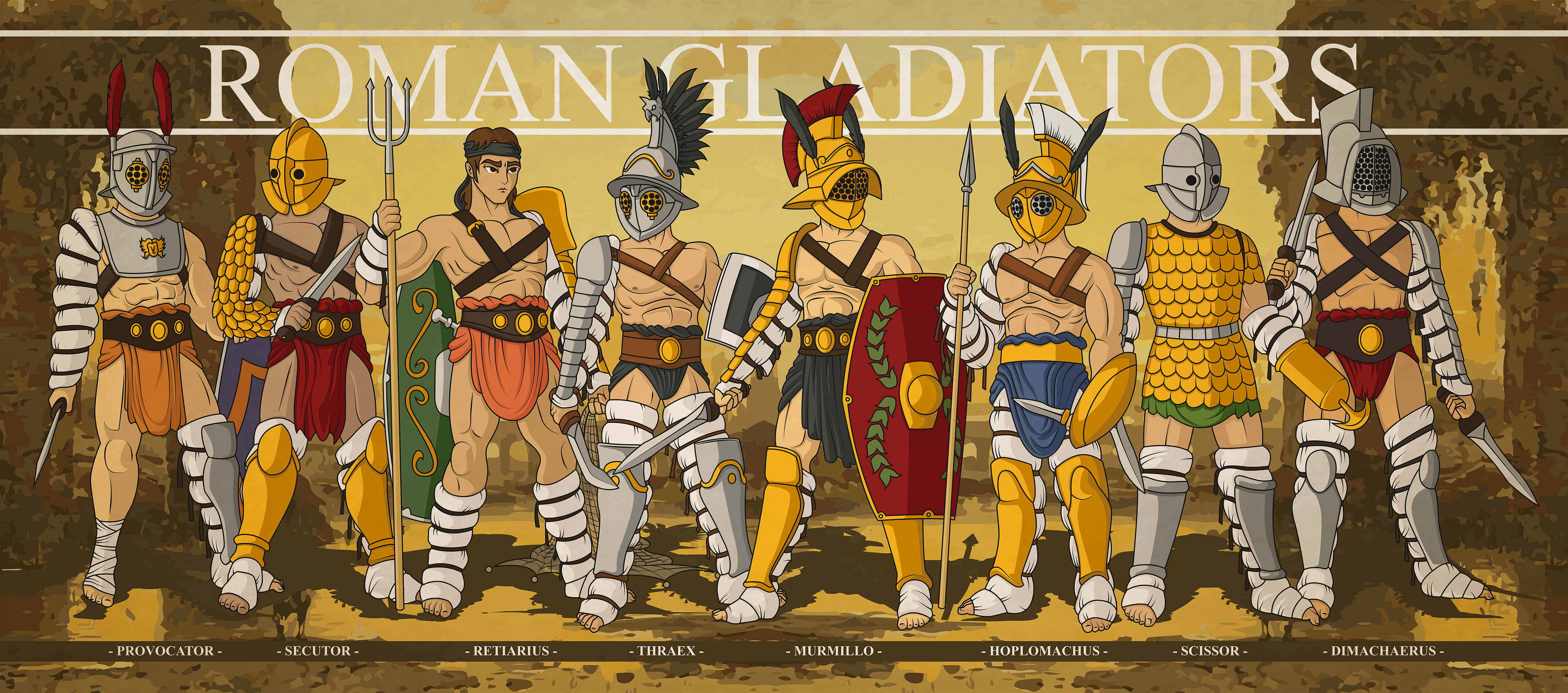 Gladiator 桌布 壁紙 — 七個插圖化的羅馬角鬥士穿著詳細的盔甲，排成一排，背景是紋理石牆。