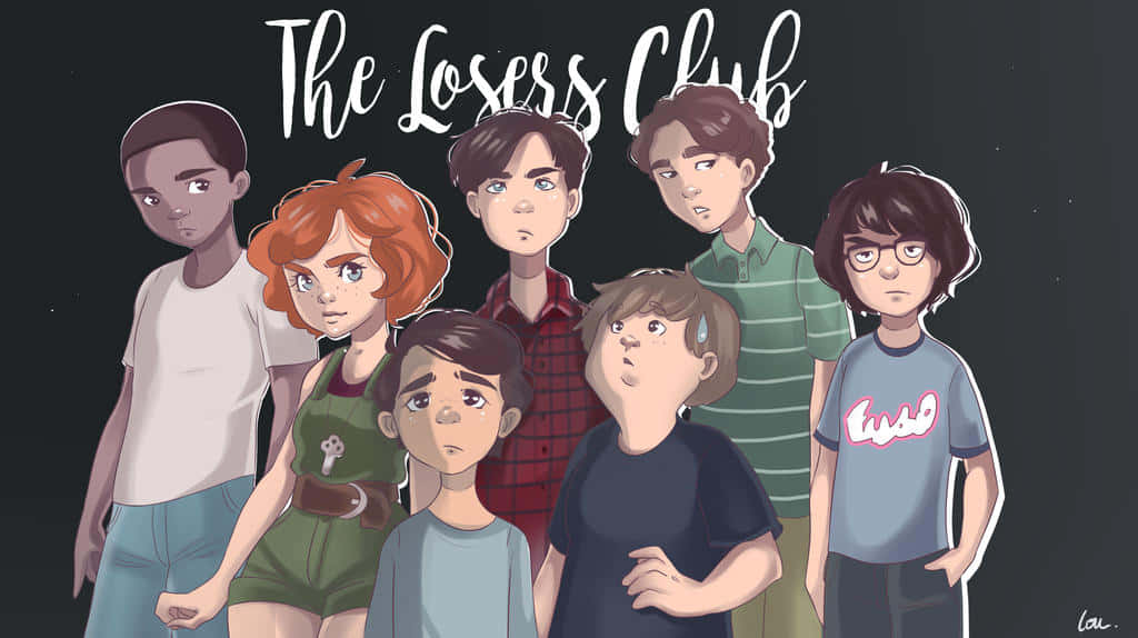 Losers Club 桌布 壁紙 — 七個插圖青少年表情嚴肅，在深色背景下站在「The Losers Club」標題下。