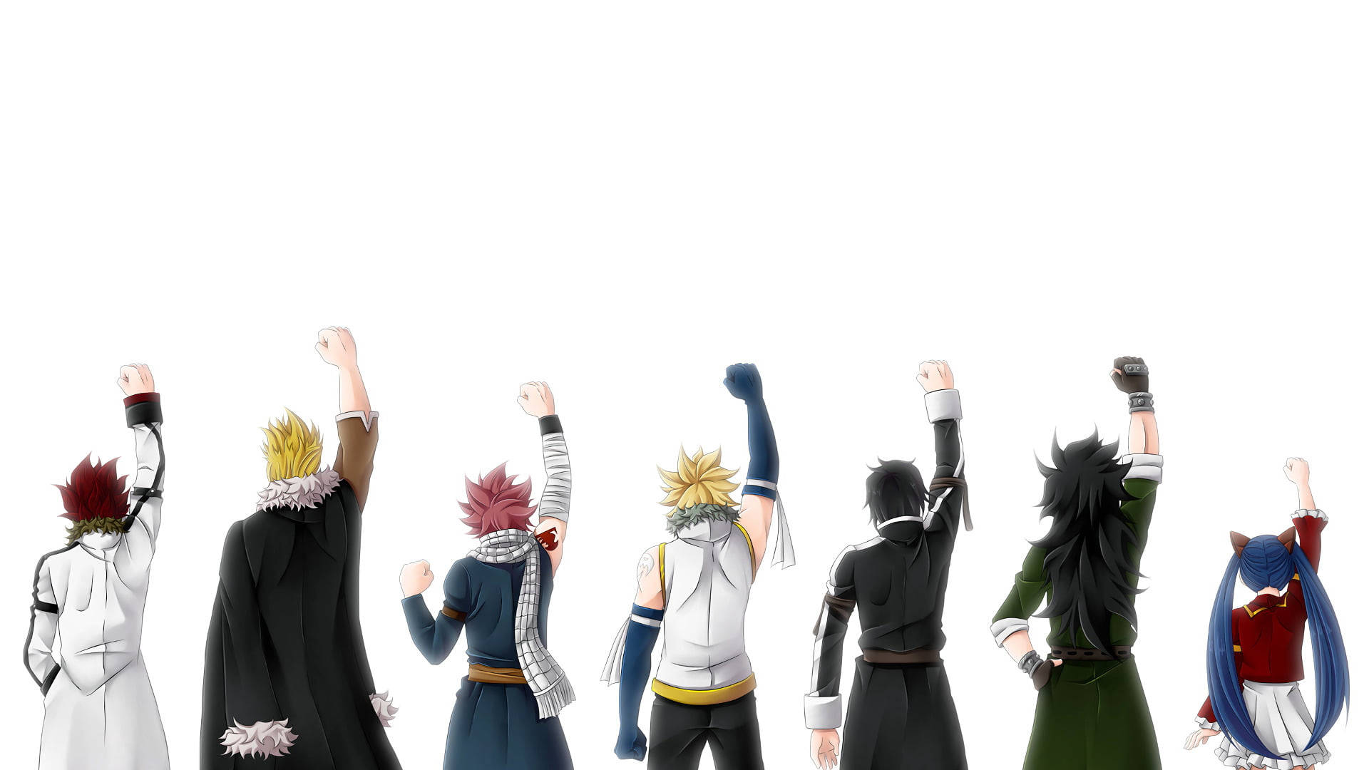 Fairy Tail Characters 桌布 壁紙 — 七個擁有不同髮色和服裝的動漫角色背靠背站立，在純白色背景前齊聲舉起拳頭。