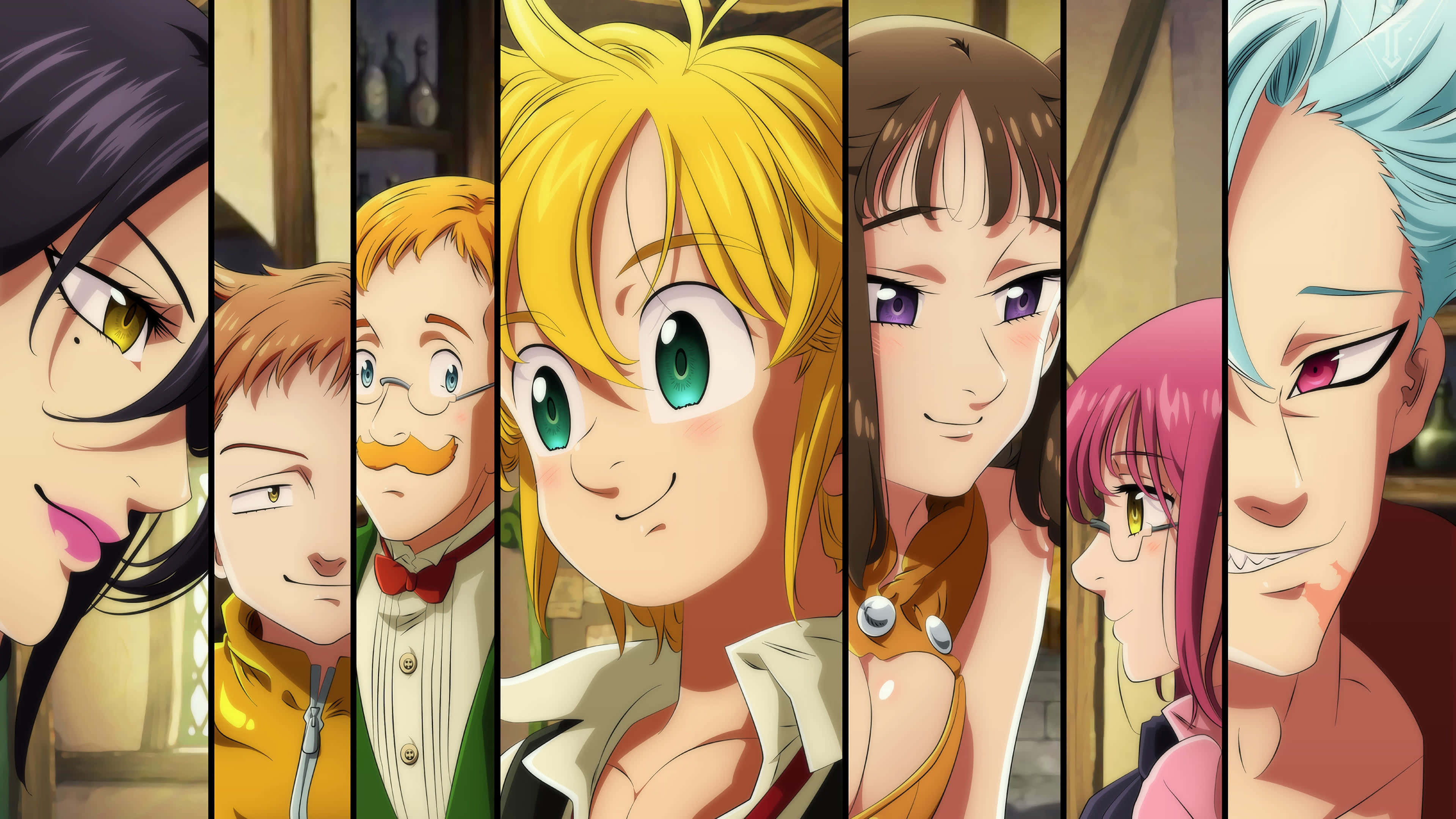 Seven Deadly Sins 4K 桌布 壁紙 — 七個擁有不同髮色和表情的動漫角色在垂直面板中顯示，背景為溫暖的室內環境。
