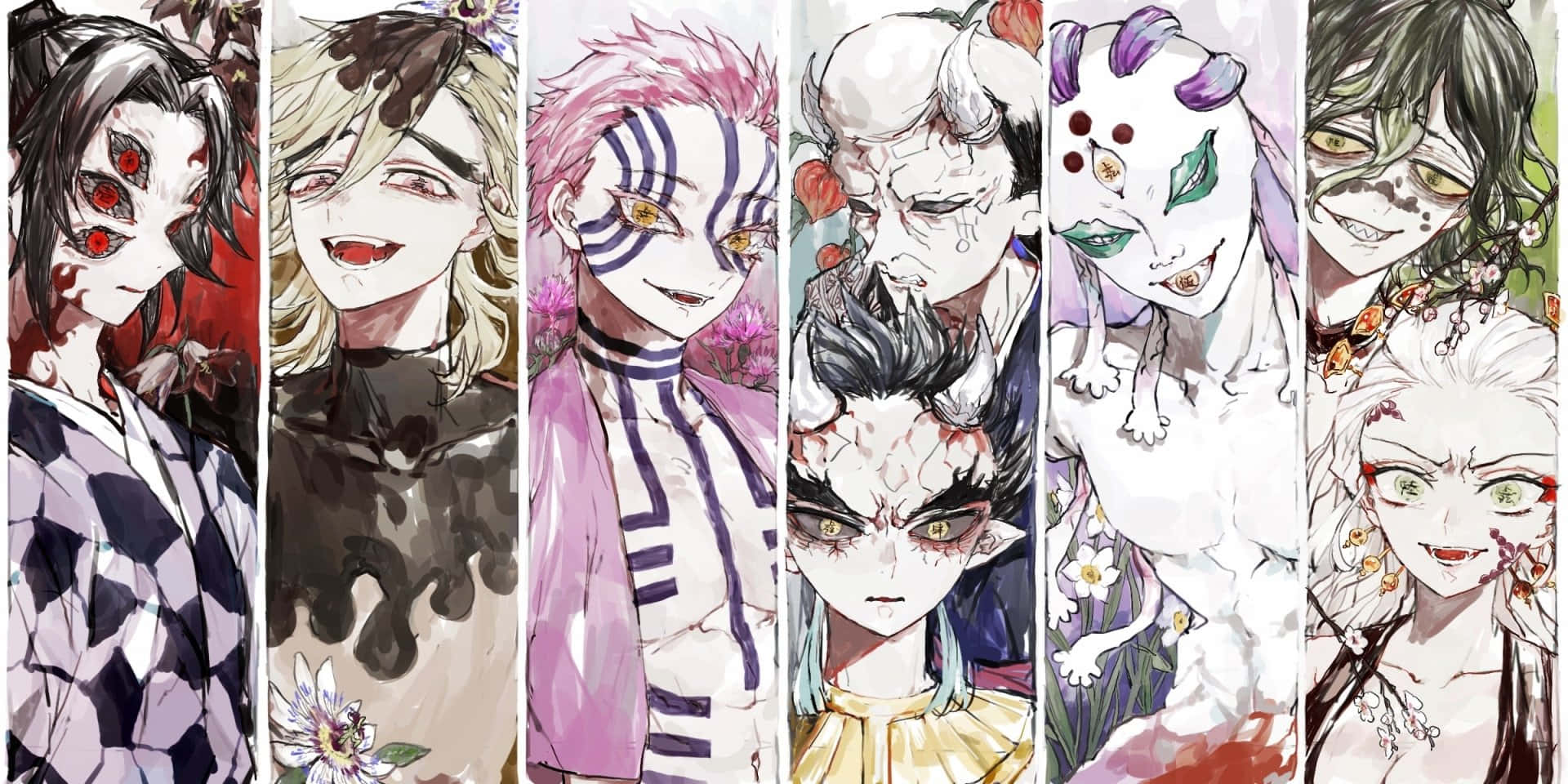 動漫 桌布 壁紙 — 七個擁有獨特惡魔特徵和鮮豔服裝的動漫角色，在花卉和抽象背景前垂直排列。