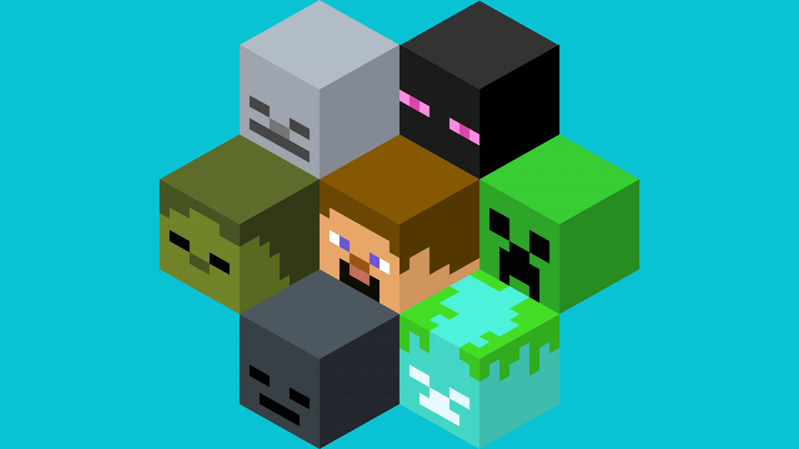我的世界 史蒂夫 桌布 壁紙 — 七個方塊狀的Minecraft角色以像素藝術風格排列成圓形，背景為明亮的青色。