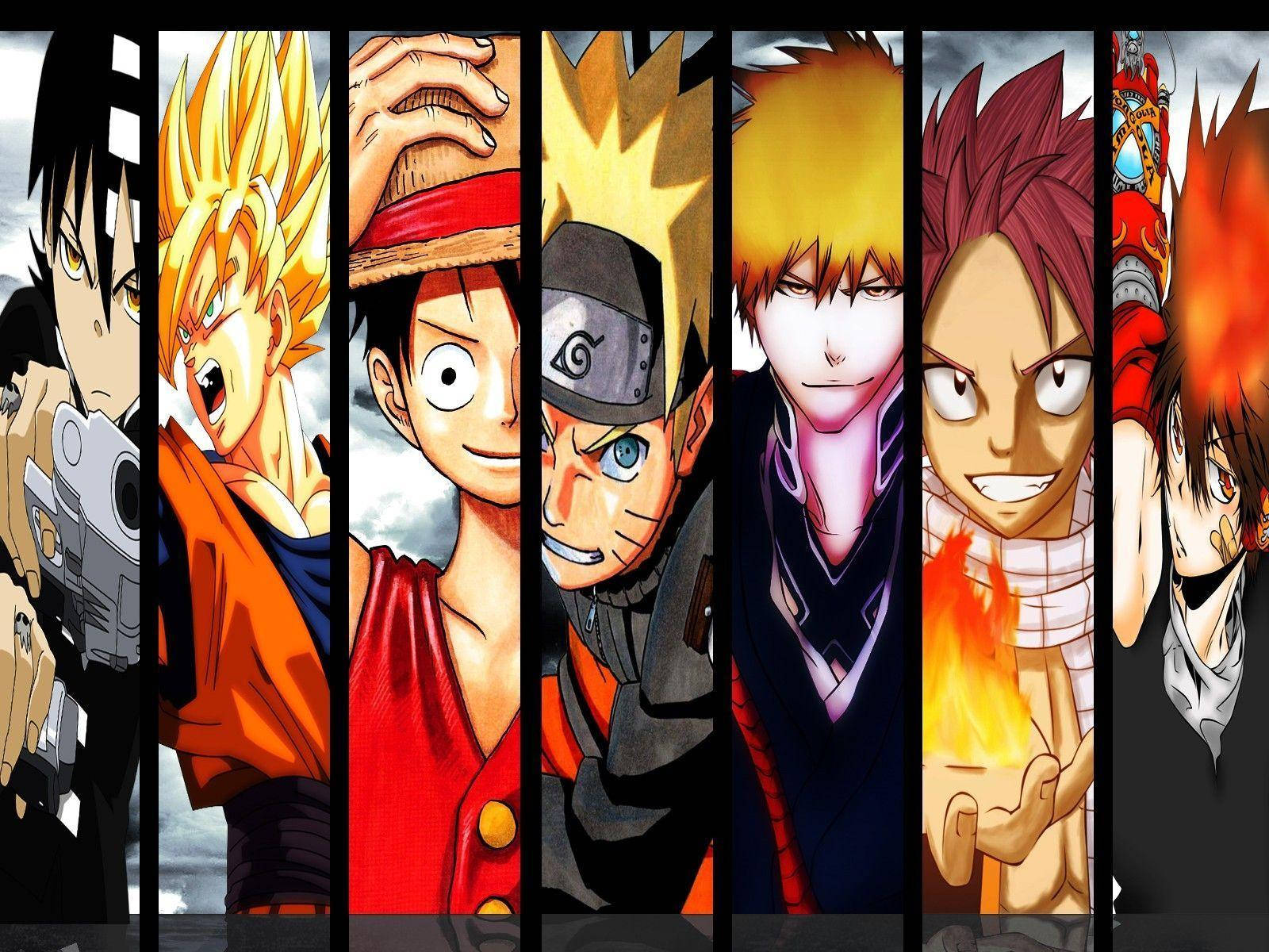 Luffy 桌布 壁紙 — 七個標誌性動畫英雄站在垂直面板中，每個都在戲劇性背景下展示獨特的表情和力量。
