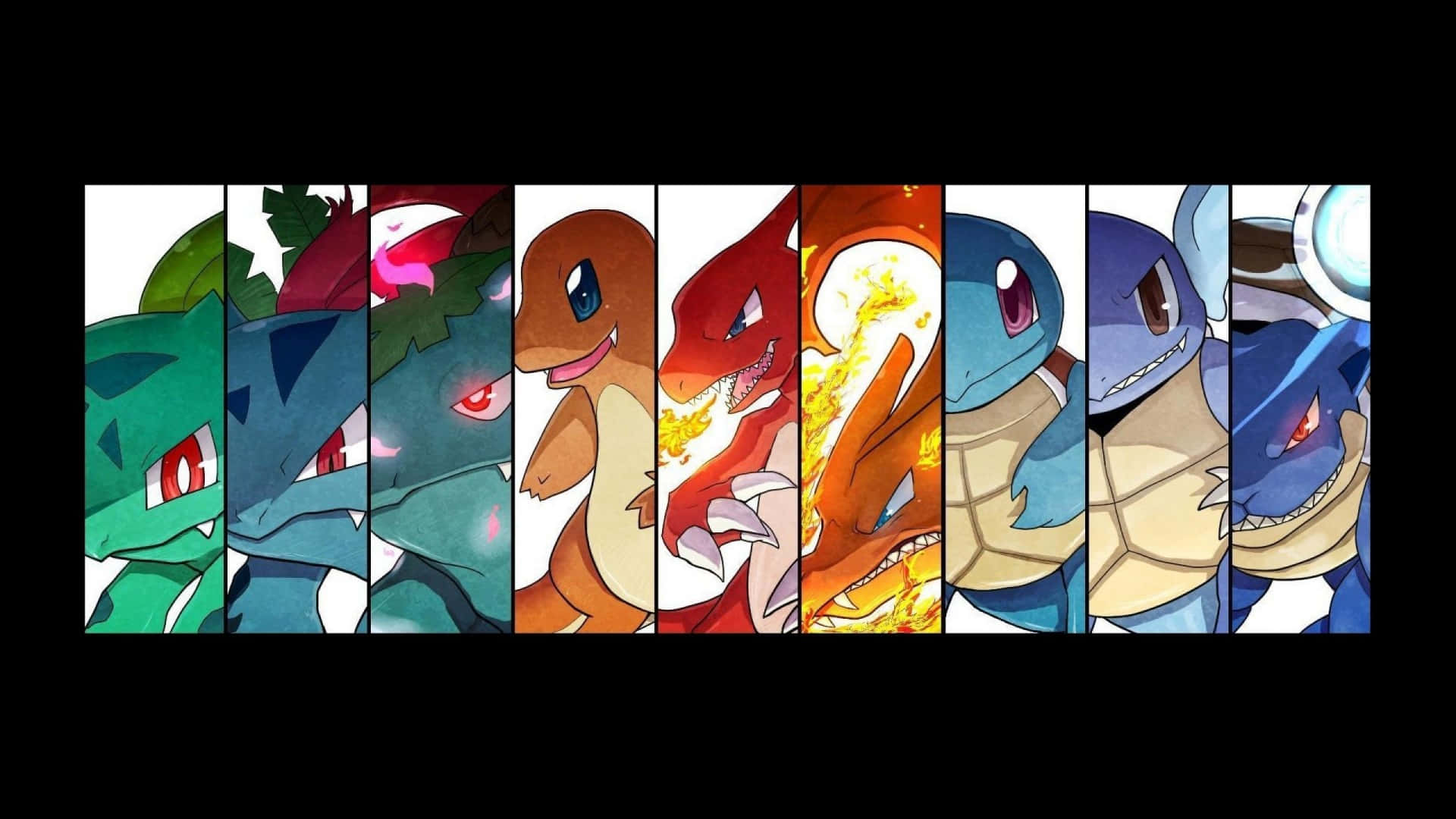 Charmander 桌布 壁紙 — 七個標誌性的寶可夢角色以充滿活力的動漫風格並排顯示在黑色背景上。