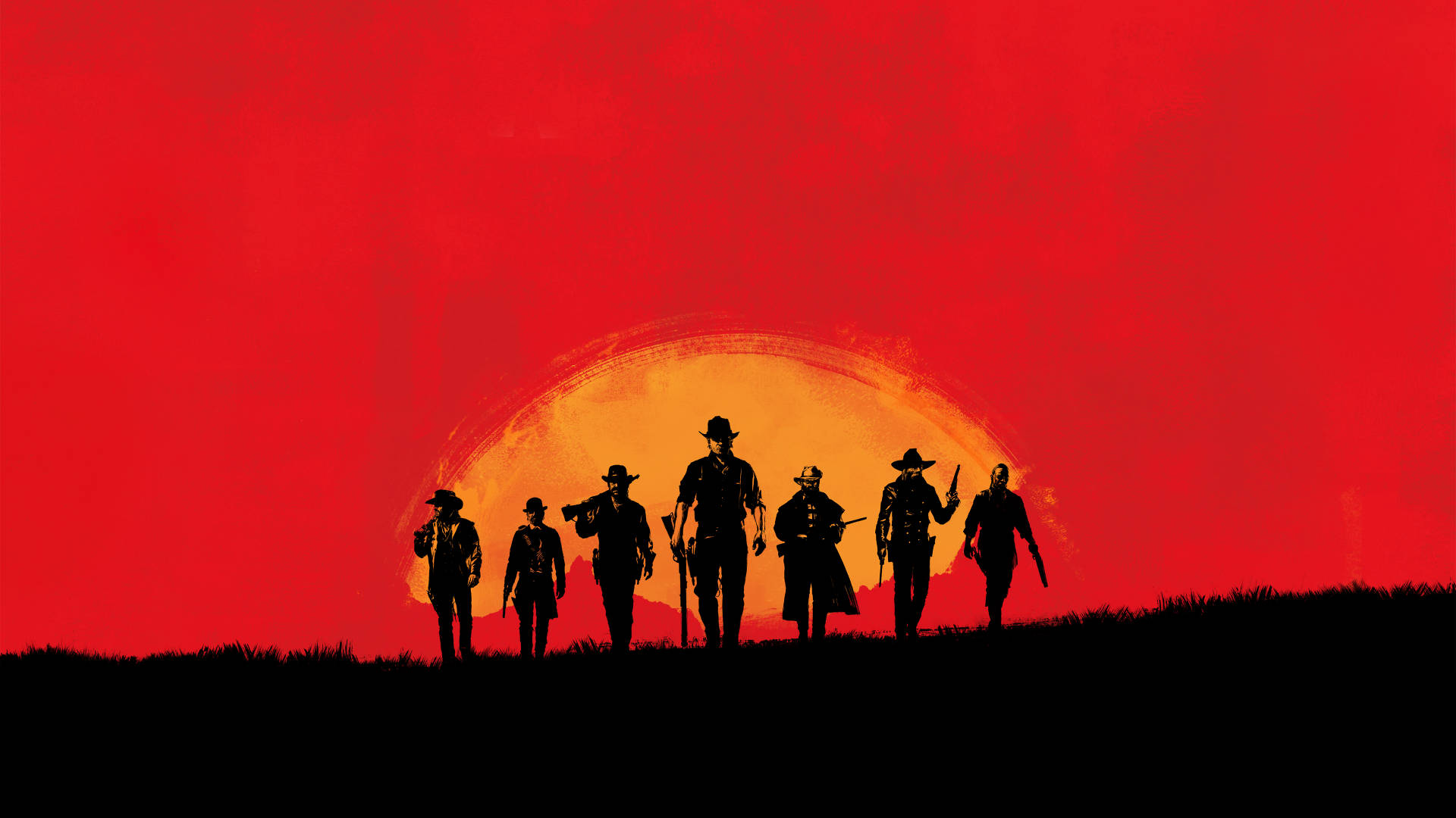 Red Dead Redemtion 2 桌布 壁紙 — 七個牛仔的剪影站在長滿草的山脊上，背景是火紅的日落和發光的橙色太陽。
