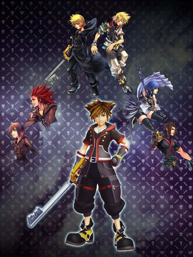 Kingdom Hearts Phone 桌布 壁紙 — 七個王國之心角色在黑暗圖案背景上動態漂浮，帶著發光的鍵刃武器。