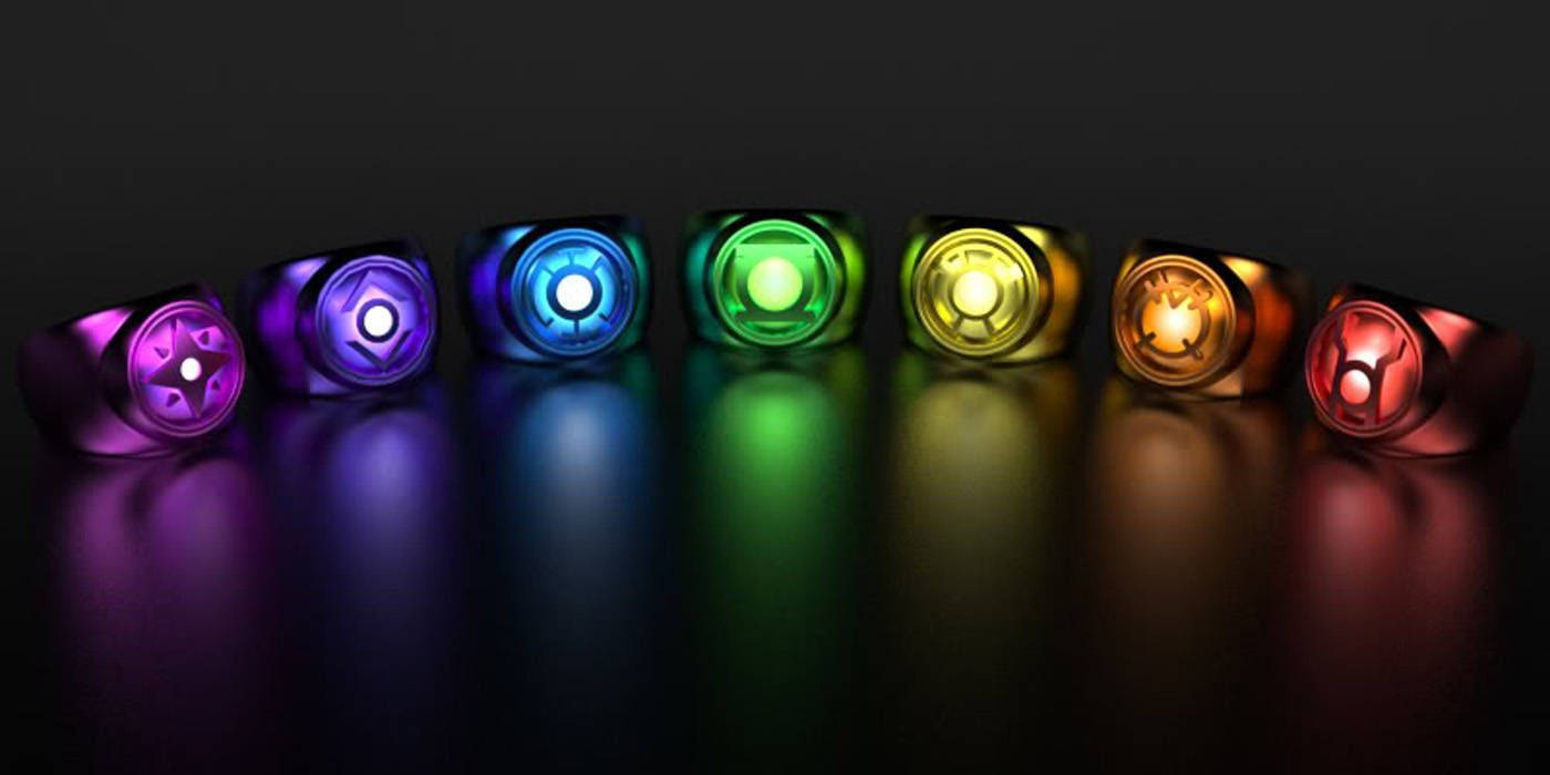 Lantern 桌布 壁紙 — 七個發光的能量環在黑暗的反光表面上發出鮮豔的彩色光芒。
