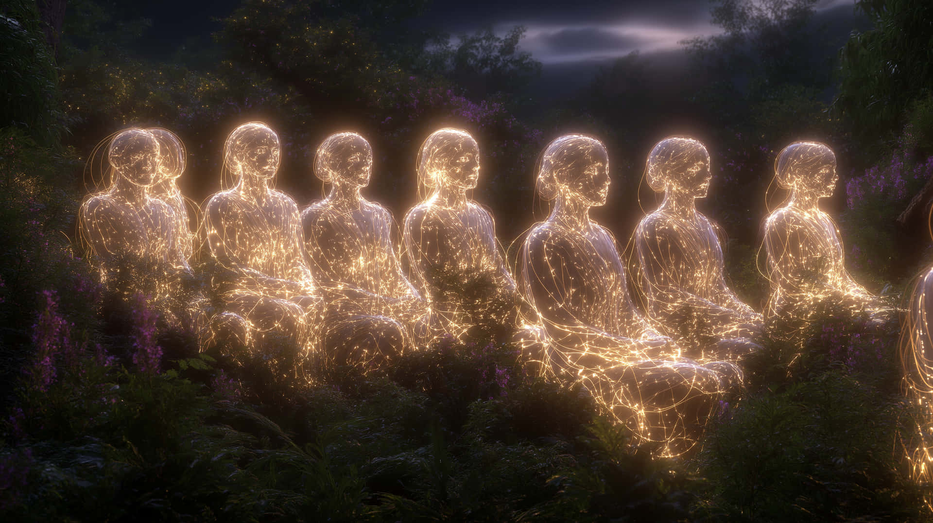 Luminous Meditating Figures in a Mystical Forest 壁紙 — 七個發光的金色線框人物在暮色天空下，在深紫色花朵中冥想。