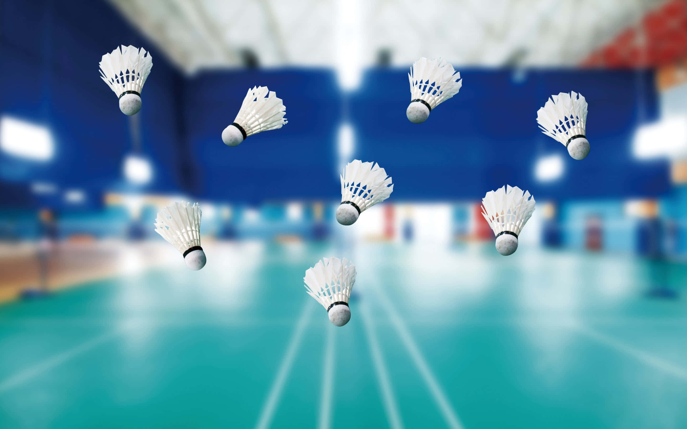 Badminton 桌布 壁紙 — 七個白色羽毛球懸浮在空中，下方是帶有藍色牆壁和模糊球網的藍綠色羽毛球場。
