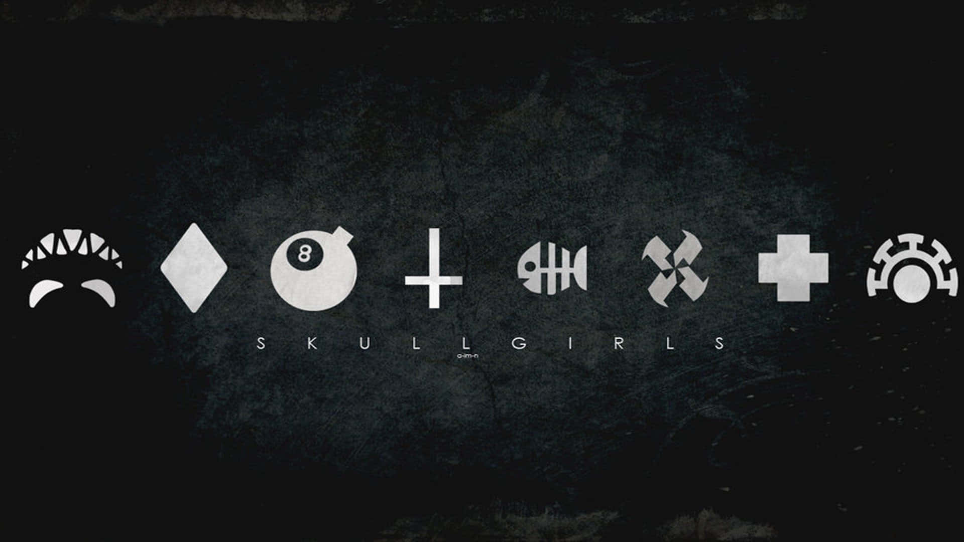 icons 桌布 壁紙 — 七個白色風格化符號漂浮在深色紋理背景上，下方有 Skullgirls 標題。