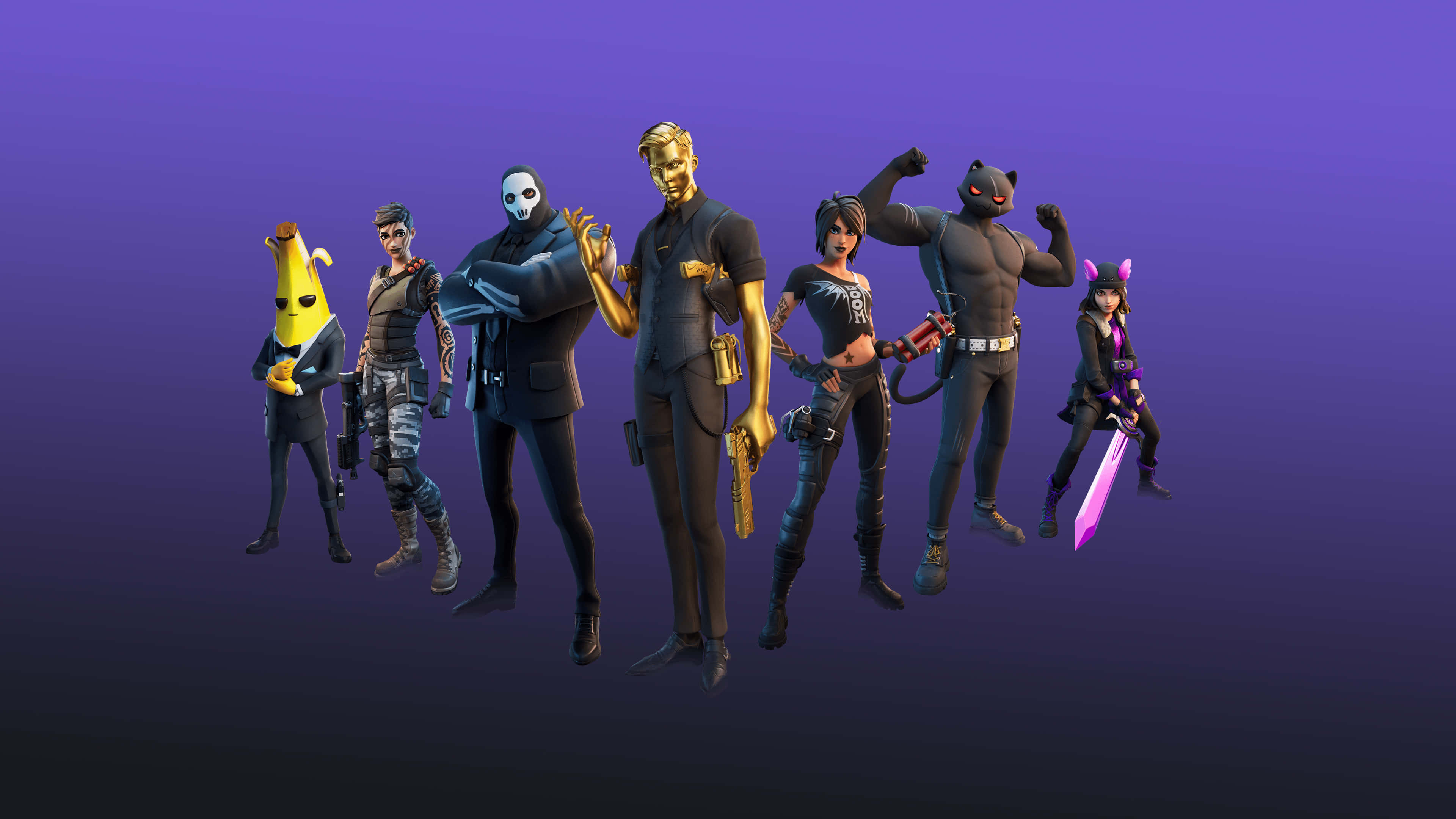 桌布 壁紙 — 七個穿著不同服裝的 Fortnite 角色在紫色漸層背景前自信地擺姿勢。
