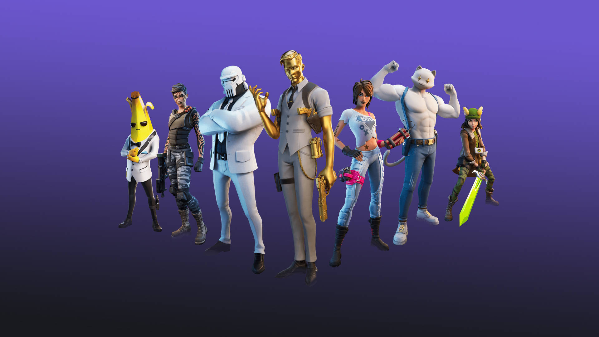 Fortnite 桌布 壁紙 — 七個穿著不同服裝的 Fortnite 角色在紫色漸變背景前自信地擺姿勢。