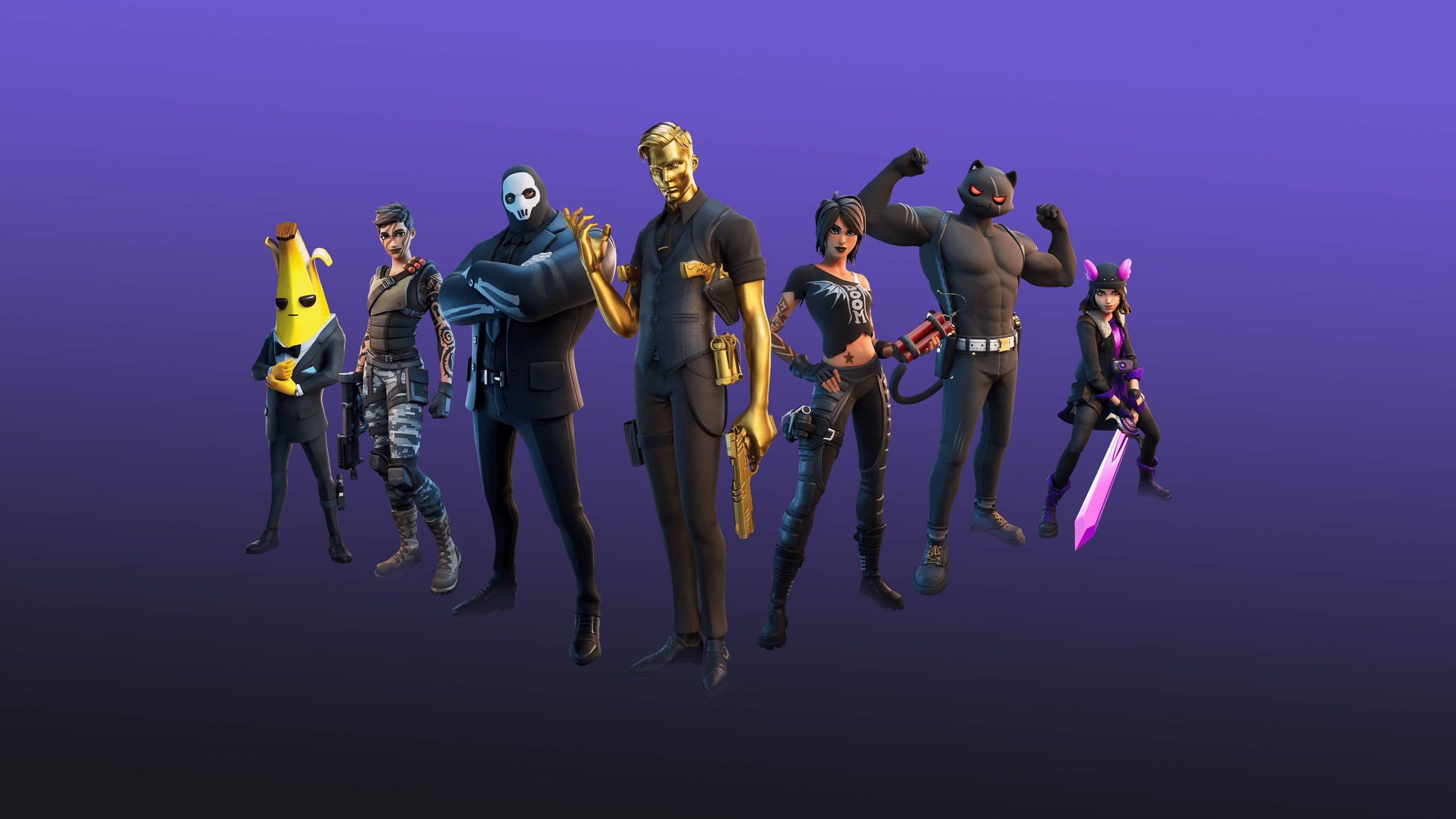 電玩遊戲 桌布 壁紙 — 七個穿著不同服裝的Fortnite角色在紫色漸變背景前自信地擺姿勢。
