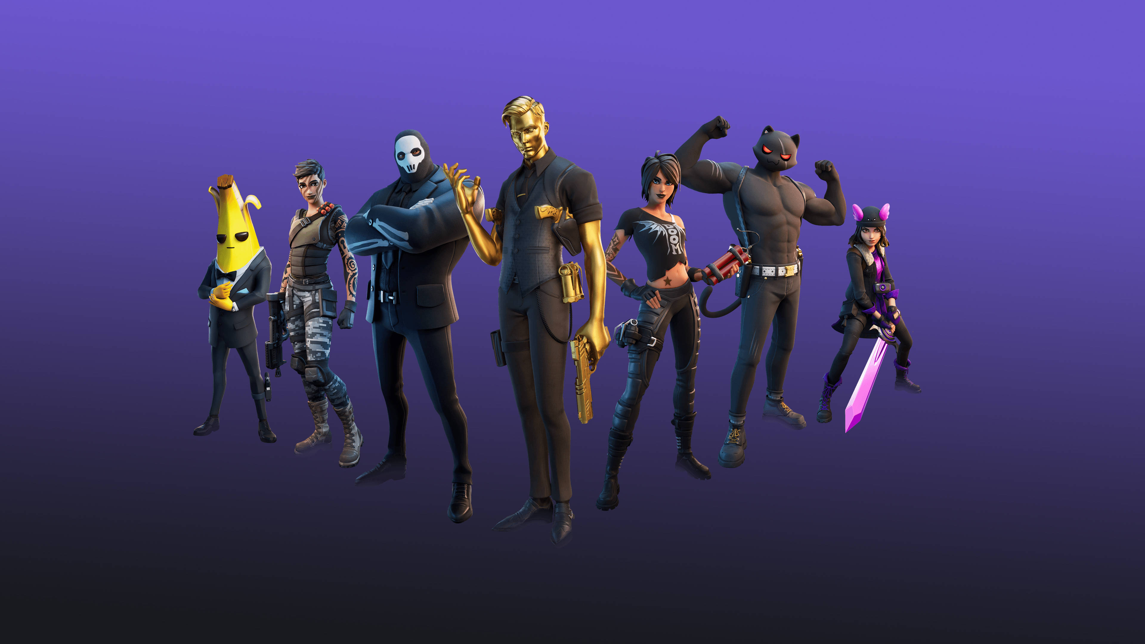 電玩遊戲 桌布 壁紙 — 七個穿著不同服裝的Fortnite角色在紫色漸變背景前自信地擺姿勢。